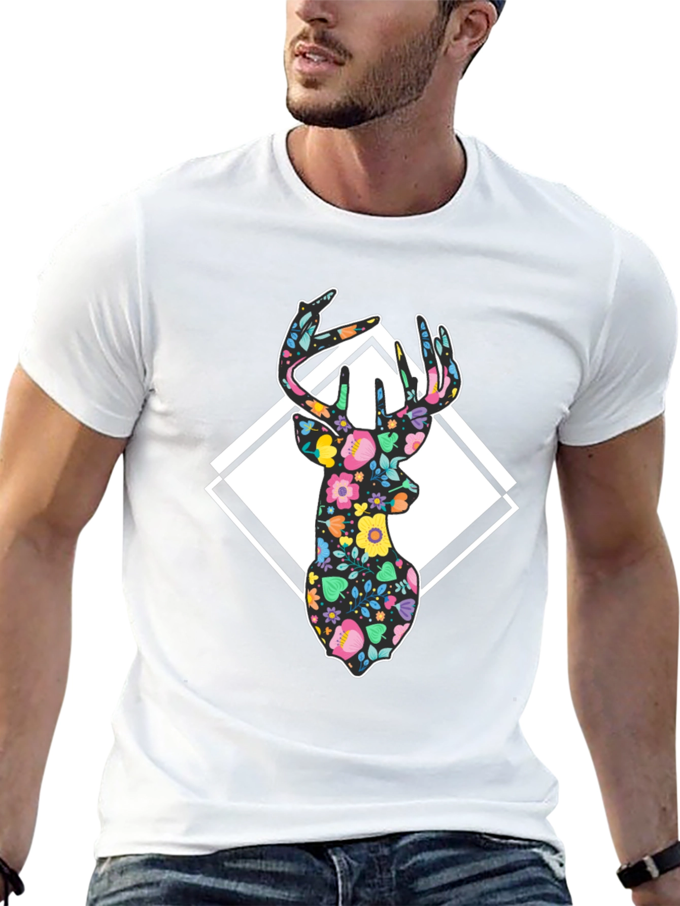 Floral Deer Graphic T-Shirt - Mens Black Tee
