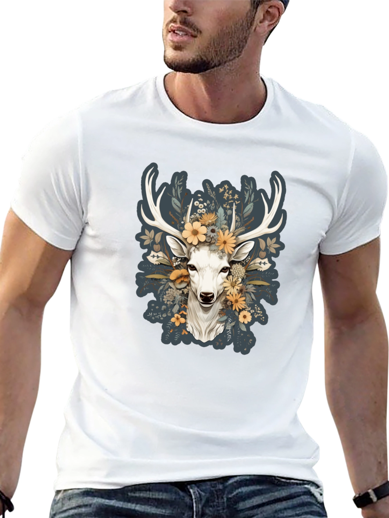 Floral Deer Graphic Tee - Nature Inspired Menswear