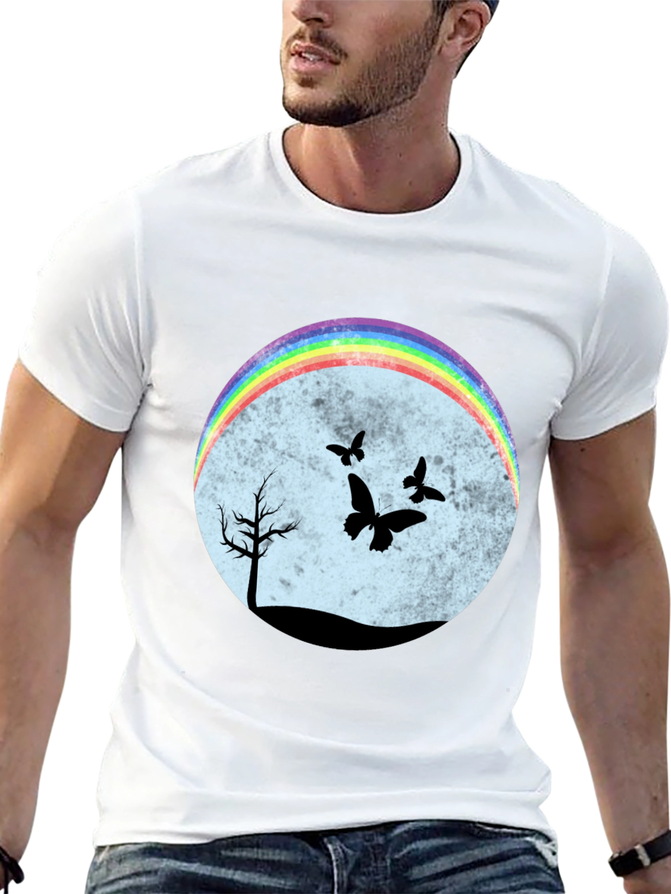 Rainbow Butterfly Scene Black T-Shirt