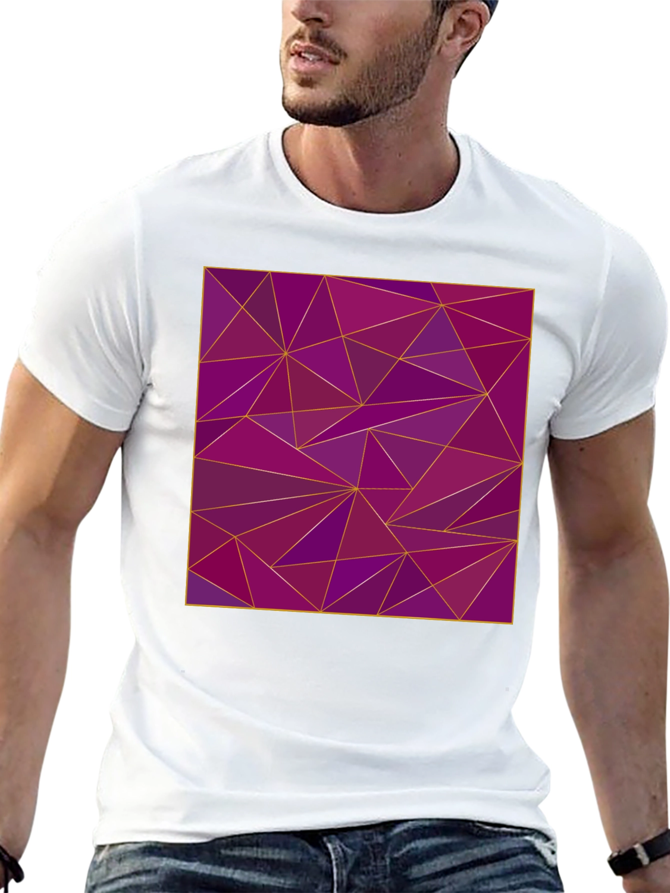 Geometric Purple Triangle Print Black T-Shirt