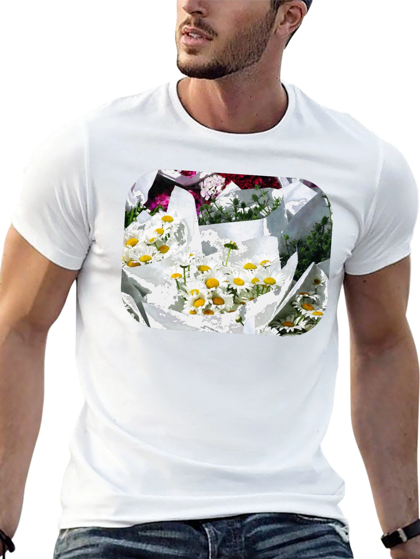 Daisy Bouquet Graphic Tee - Black Cotton Casual T-Shirt