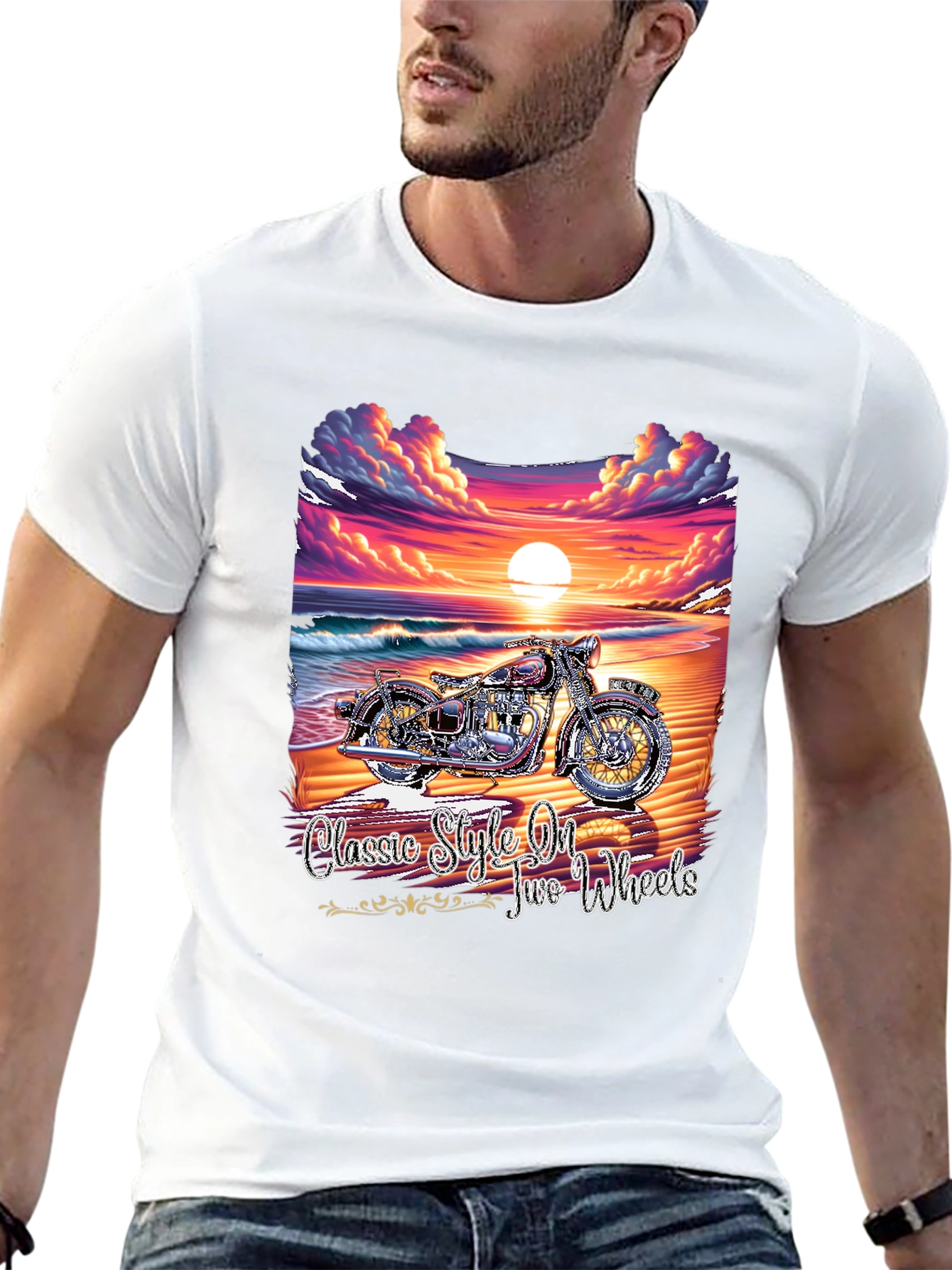 Classic Motorcycle Beach Sunset Graphic T-Shirt