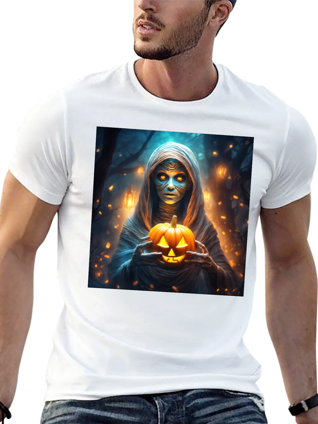 Halloween Mummy Holding Jack-o-Lantern T-Shirt
