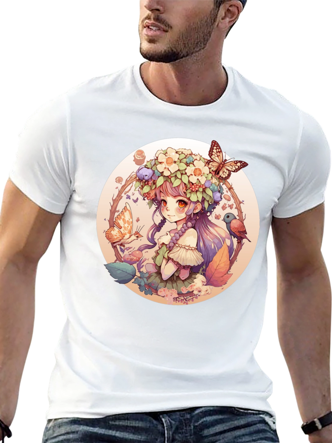 Anime Girl Floral Wreath Black T-Shirt