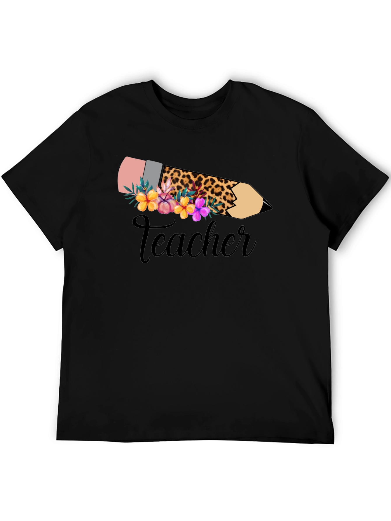 Floral Teacher Pencil Graphic Tee - Black