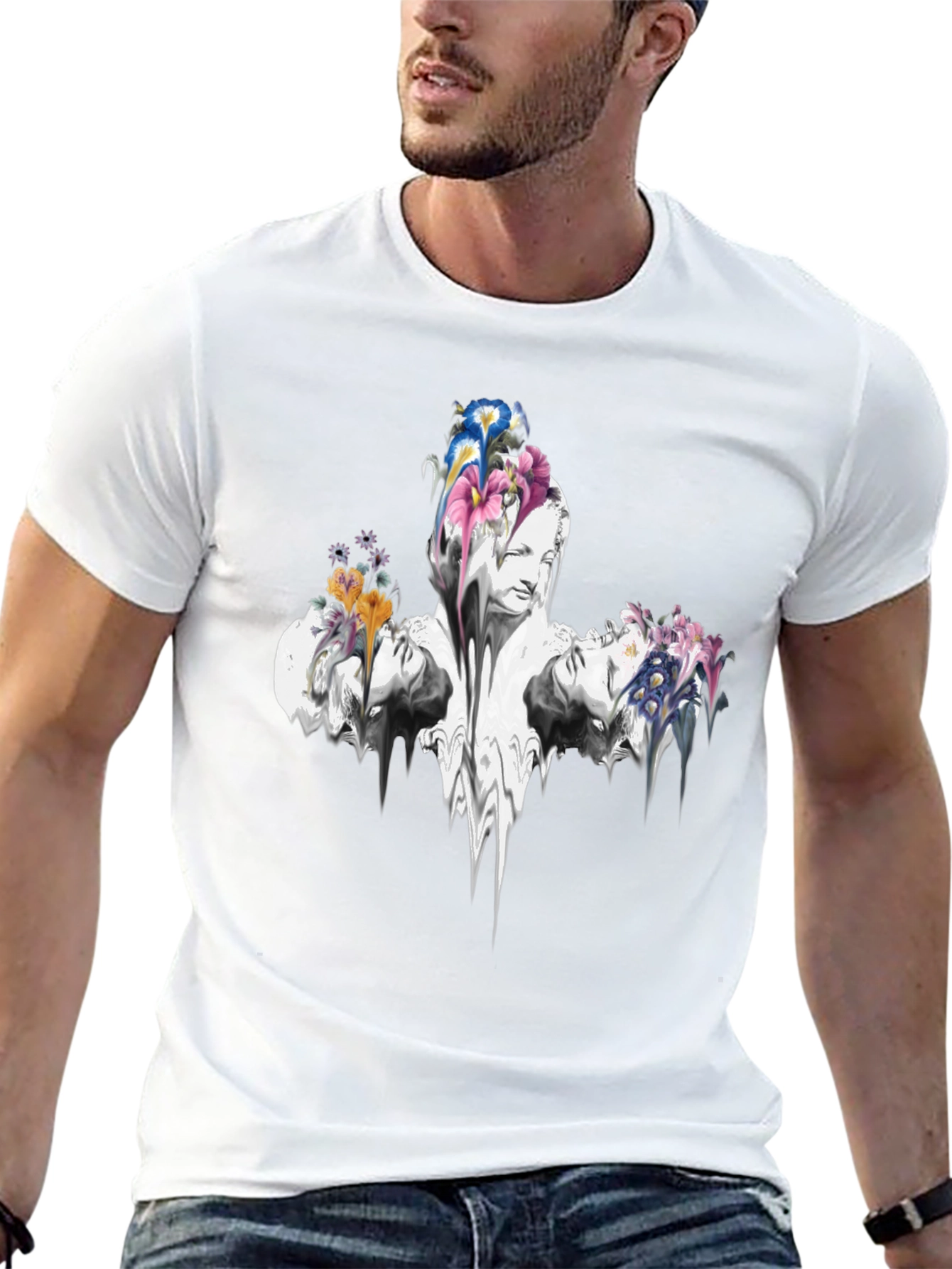 Floral Statue Graphic Tee - Black Cotton Blend