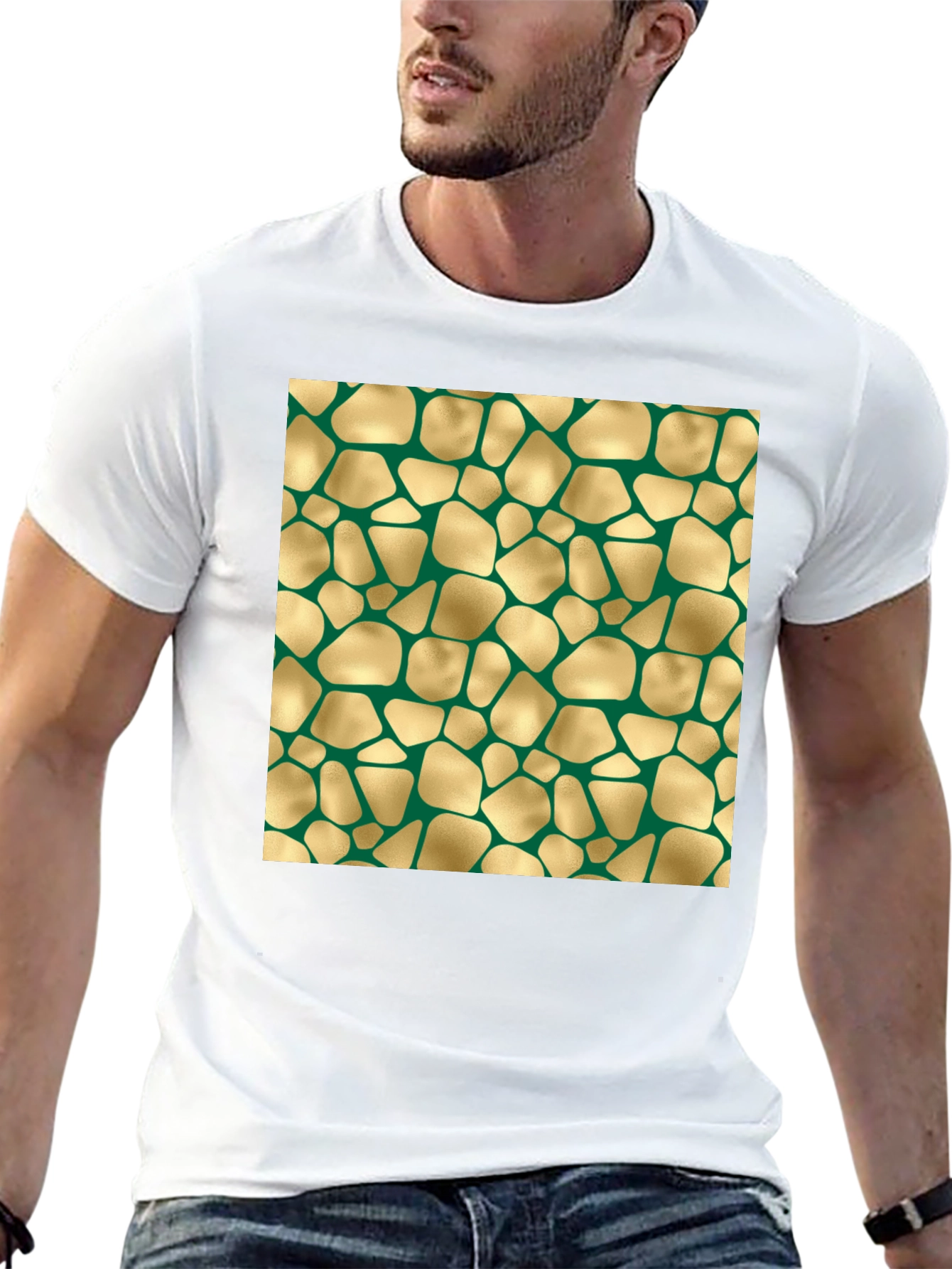 Abstract Gold & Green Patterned Black T-Shirt