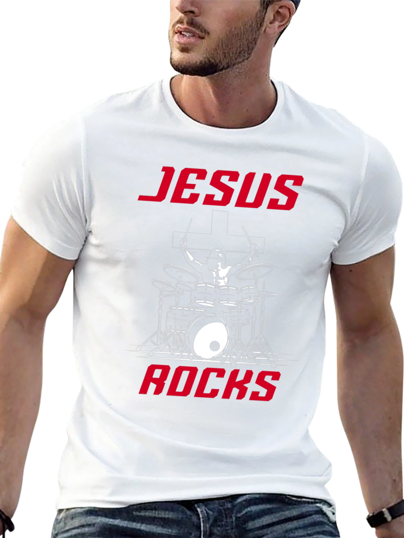 Jesus Rocks Drummer Graphic T-Shirt