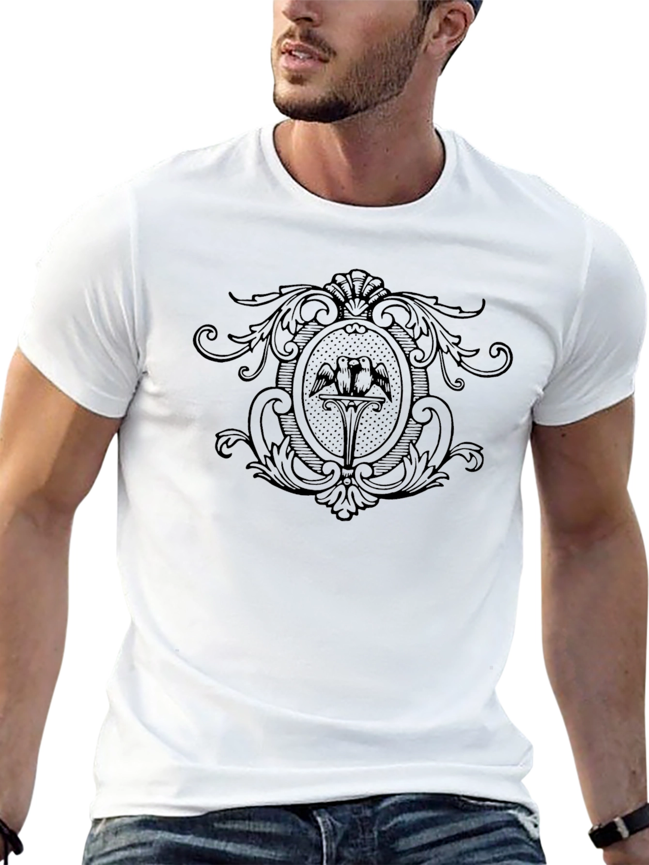 Elegant Black Graphic Tee with Bird Crest Design