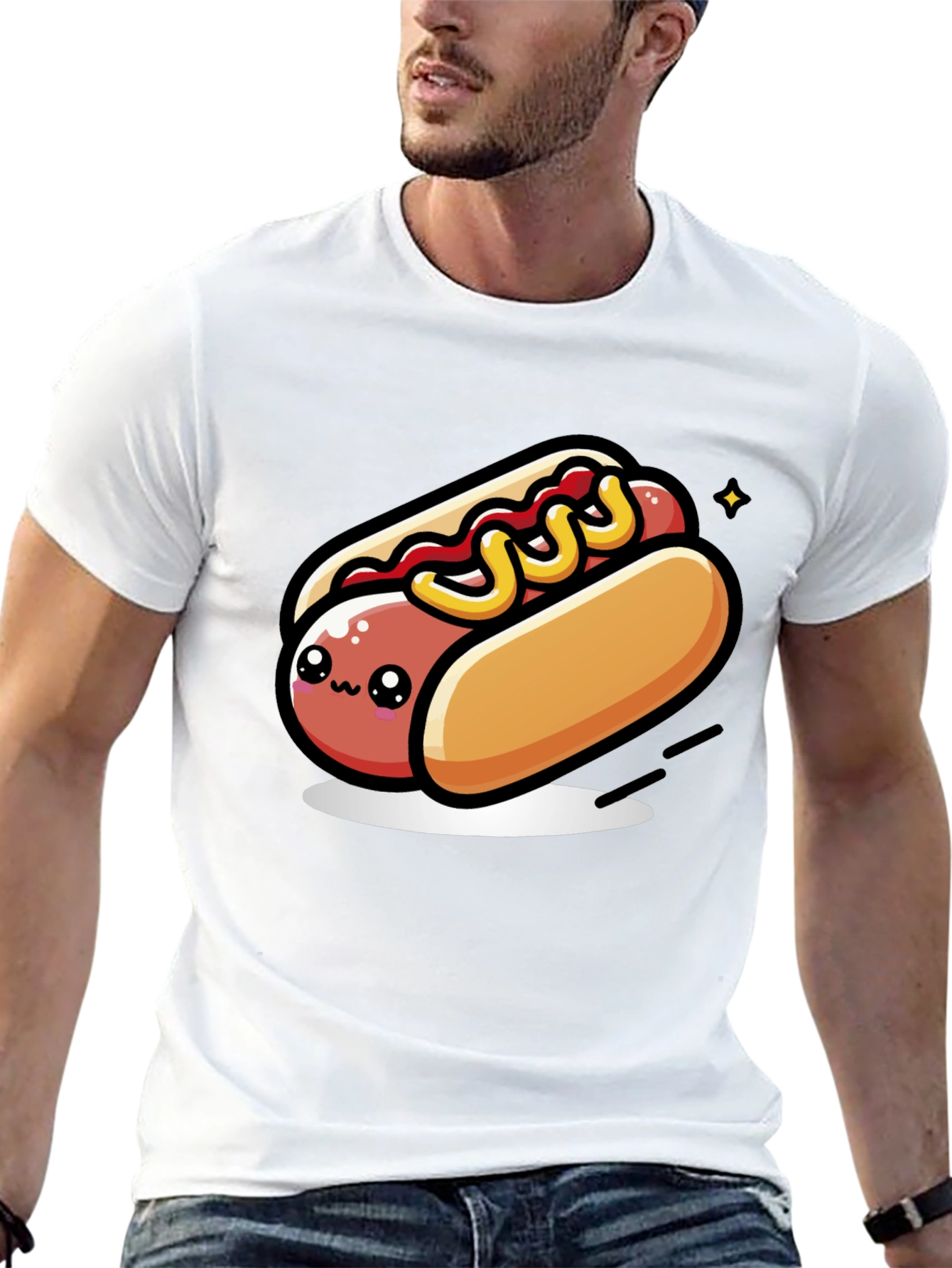 Cute Hotdog Cartoon T-Shirt - Black