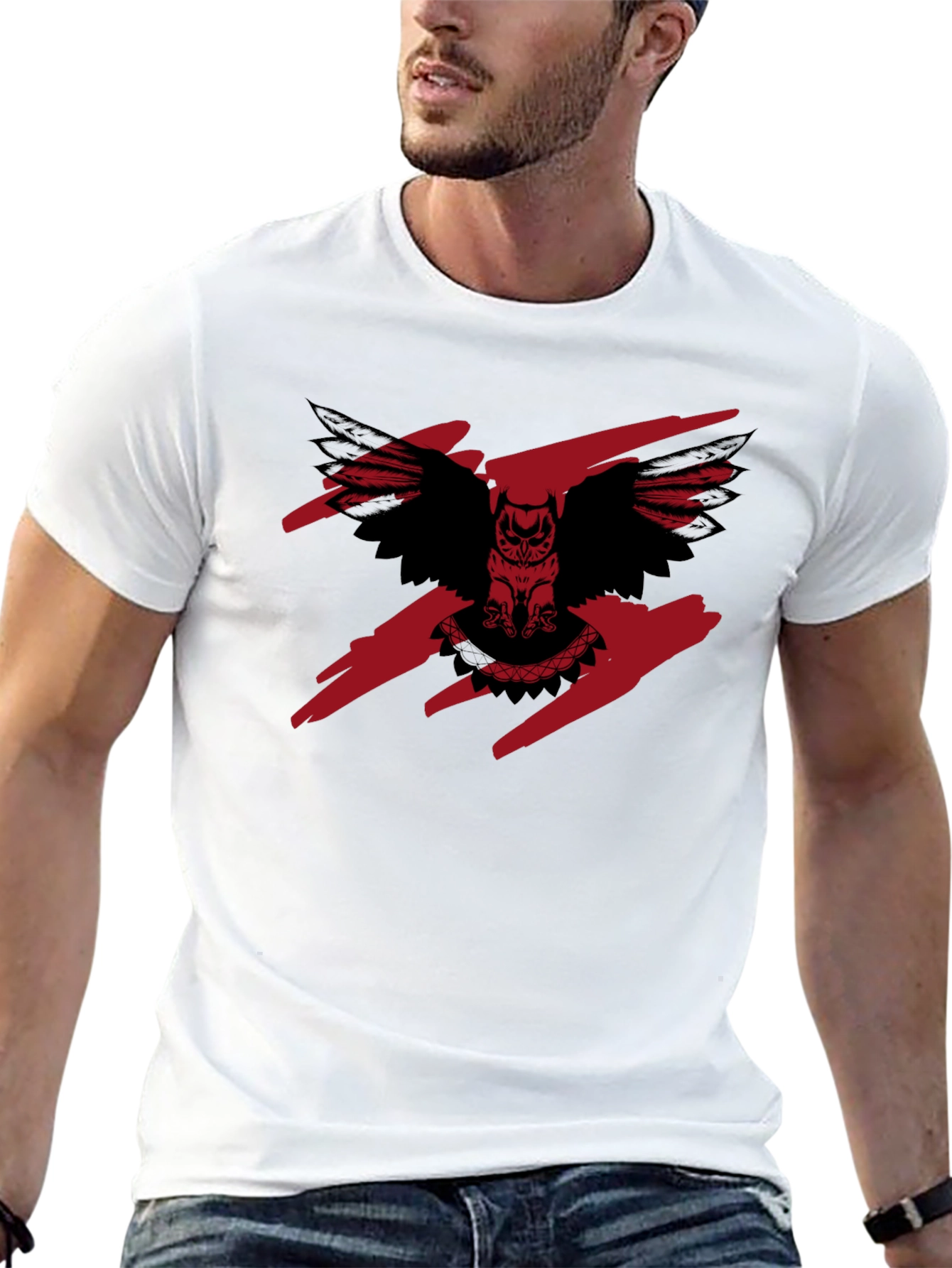 Mens Black T-Shirt with Owl Graphic Print