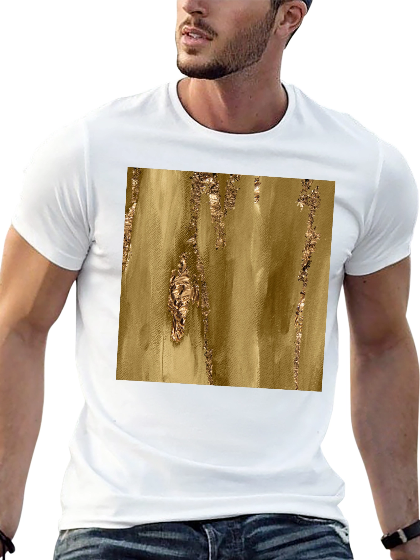 Abstract Gold Foil Print Black T-Shirt