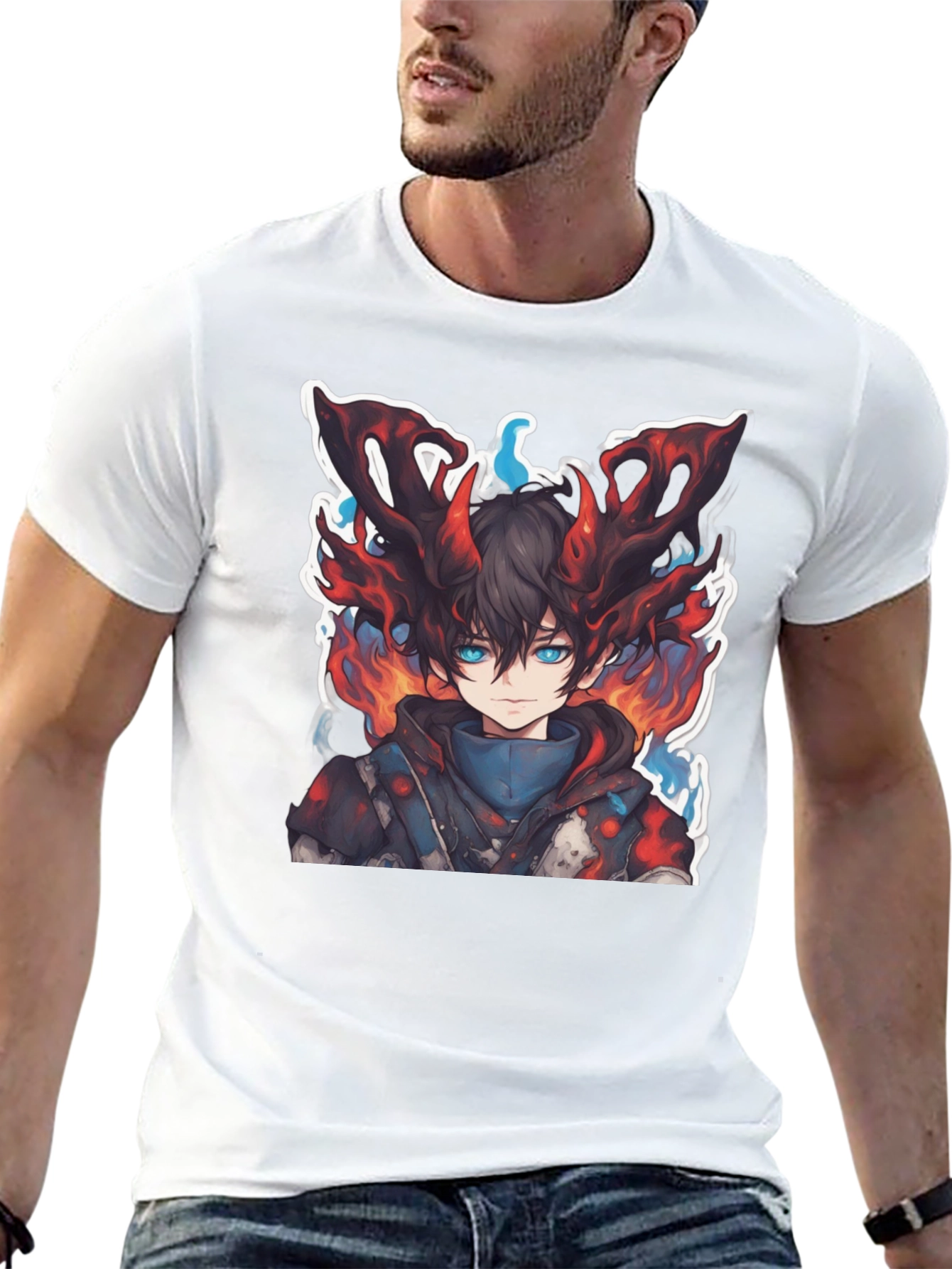 Anime Boy Graphic Tee - Fire Aura Design