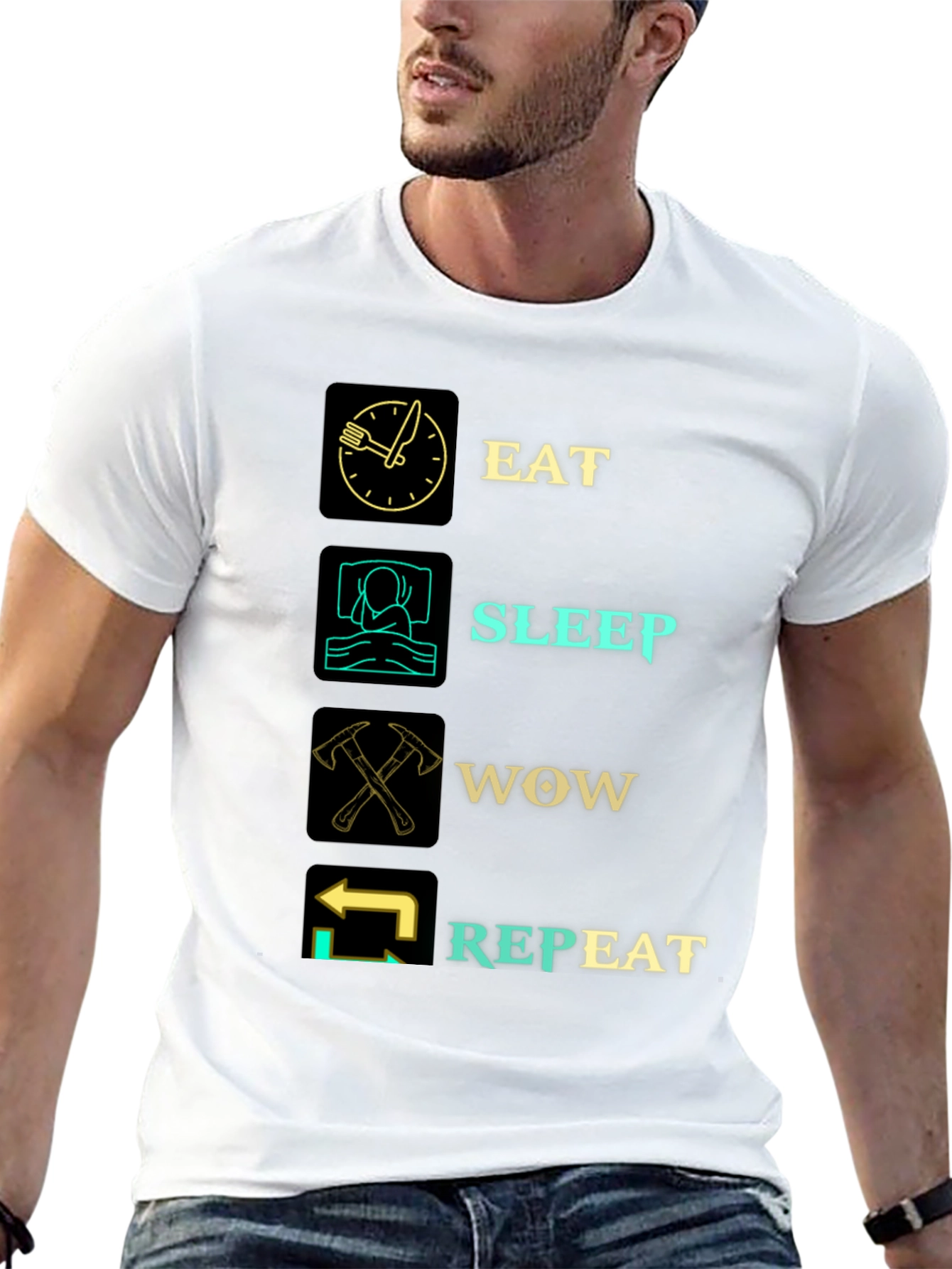Eat Sleep WOW Repeat Black Graphic T-Shirt