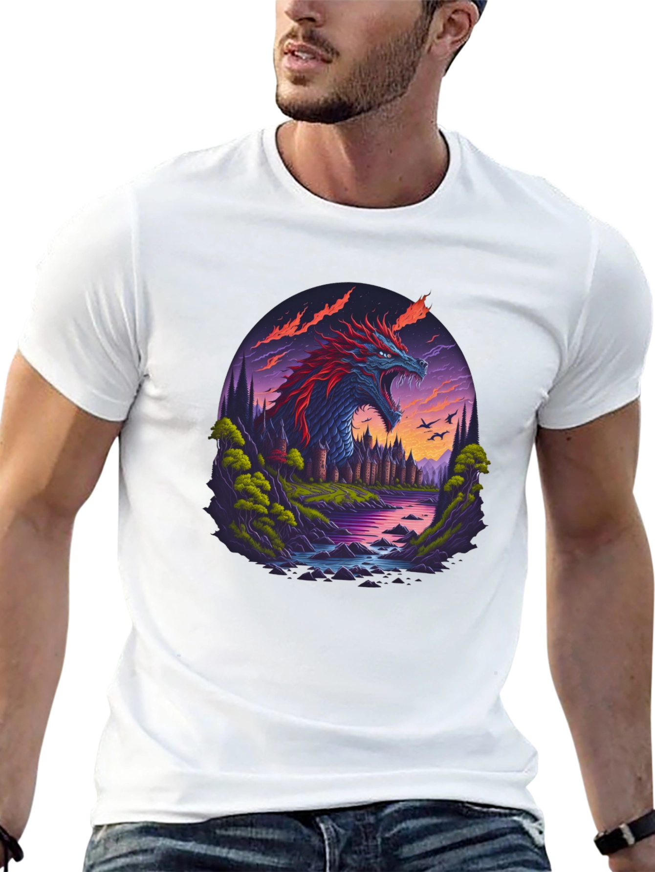 Dragon Castle Graphic Print Black T-Shirt