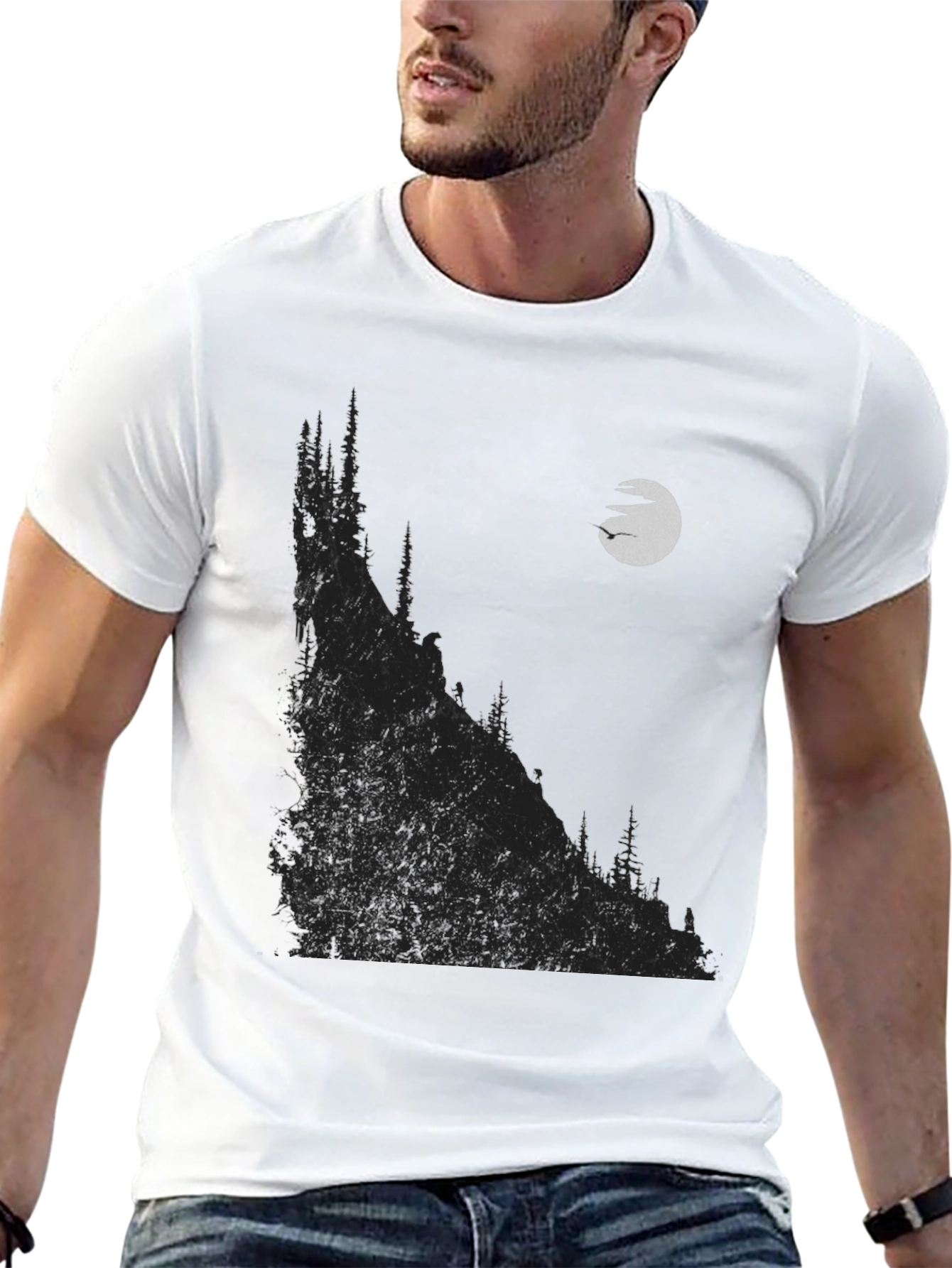 Mens Black Graphic T-Shirt - Mountain & Moon Design
