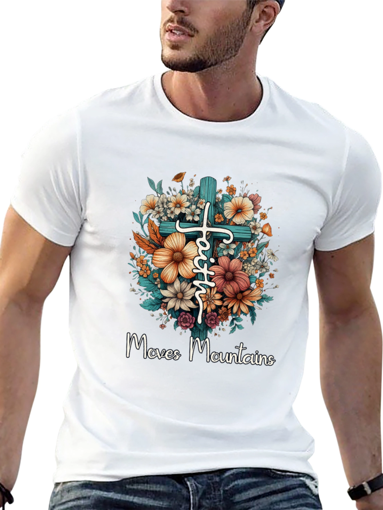 Faith Moves Mountains Floral Cross T-Shirt