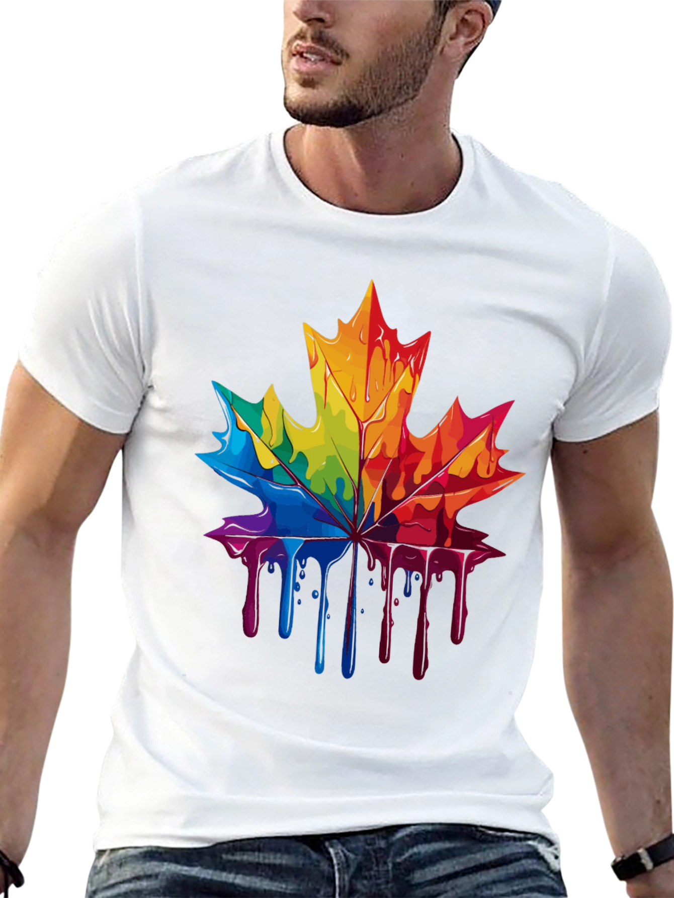 Rainbow Maple Leaf Drip Graphic Tee - Unique Design