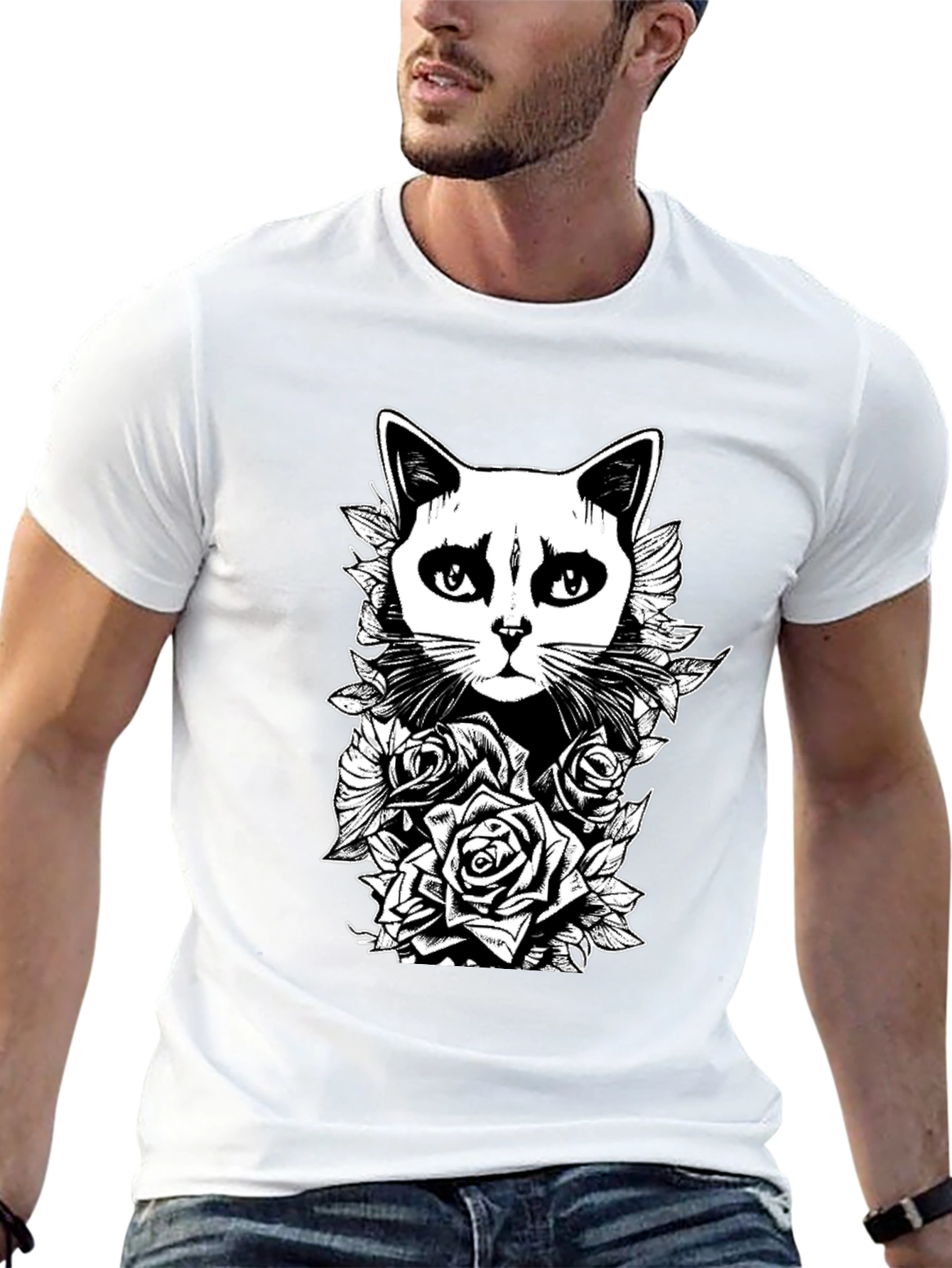 Gothic Cat & Roses Graphic Print Tee