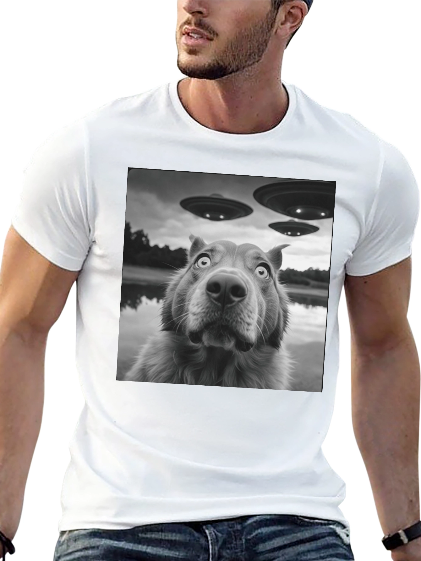 UFO Dog Black T-Shirt - Alien Invasion Design