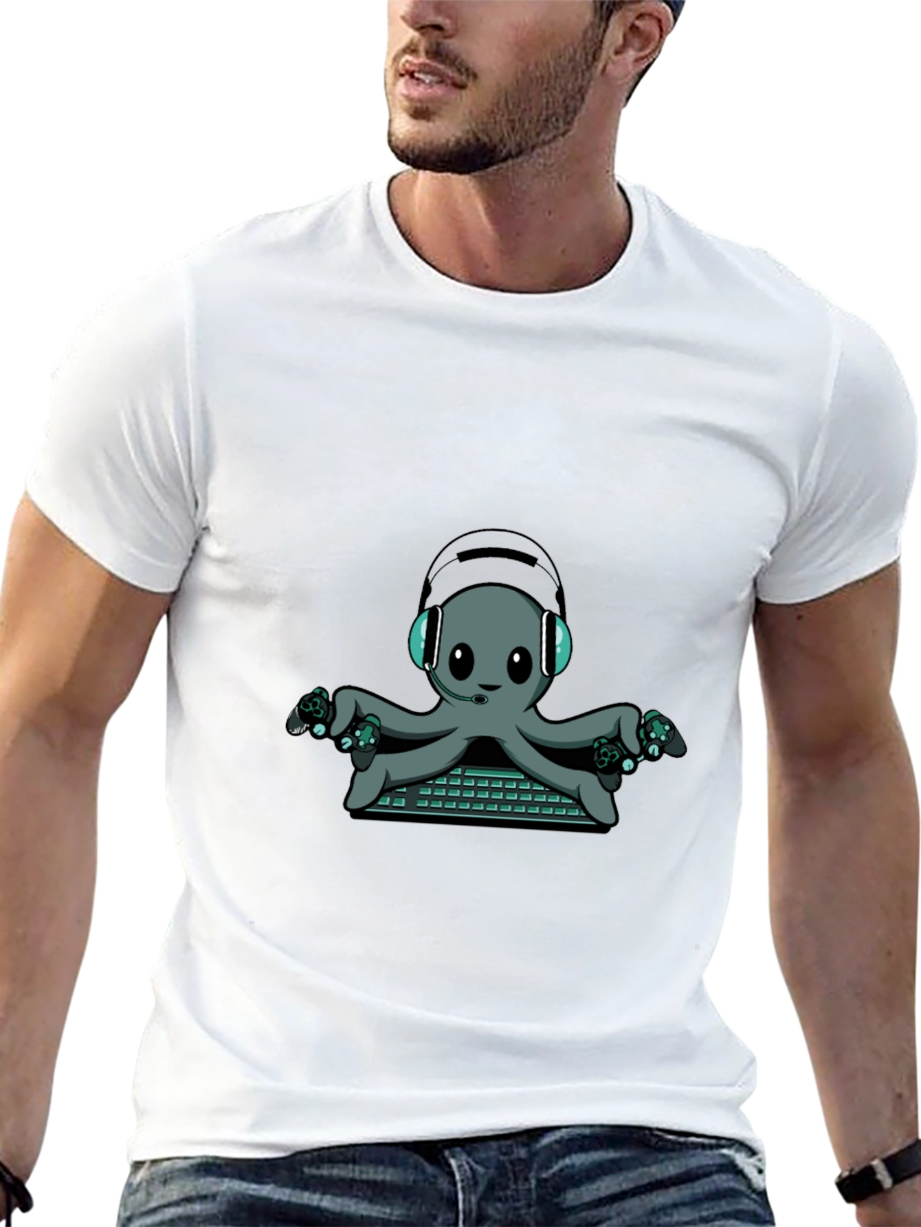 Gamer Octopus Graphic Tee - Black Cotton T-Shirt