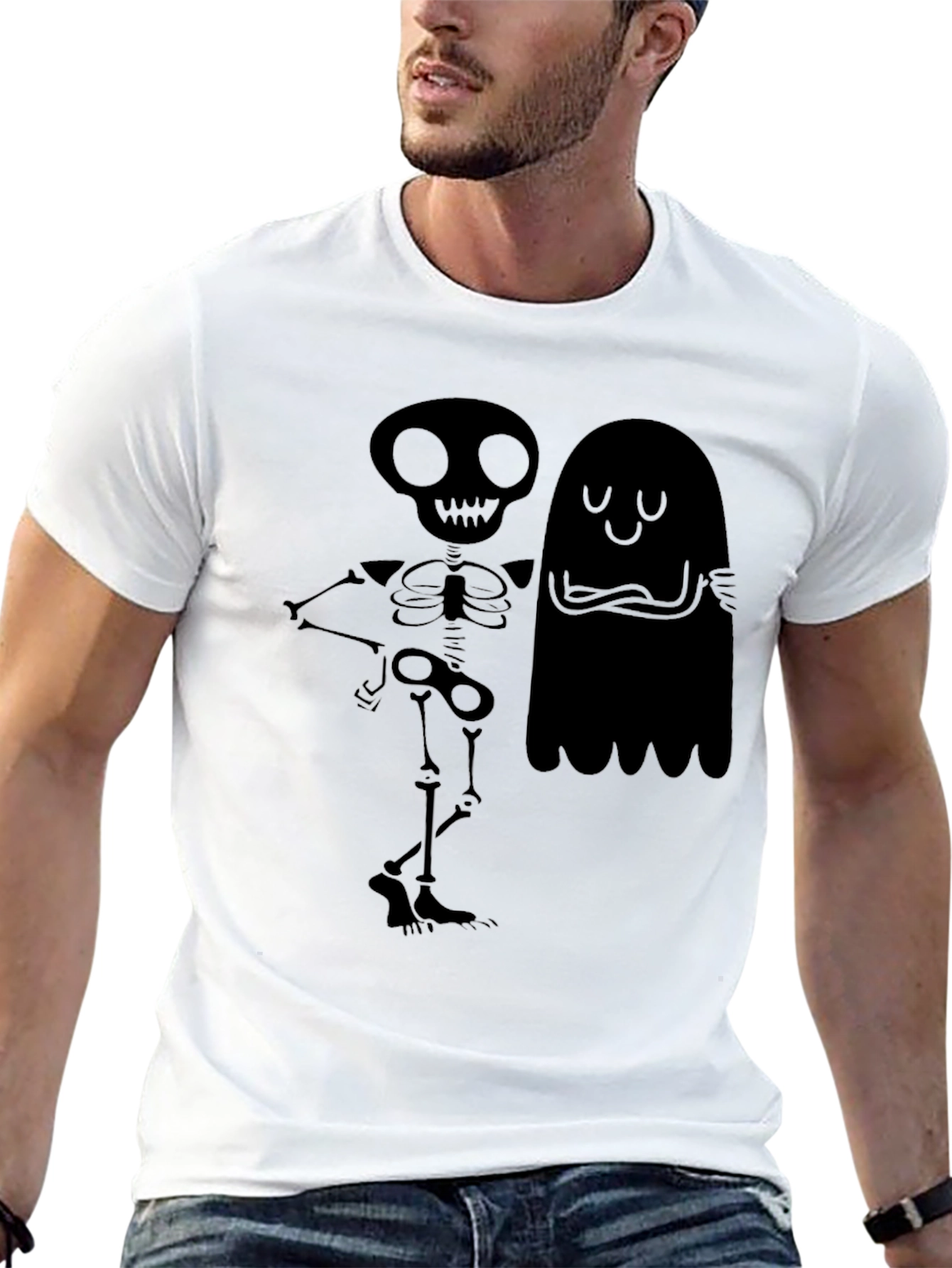 Skeleton & Ghost Graphic Tee - Spooky Season Style!