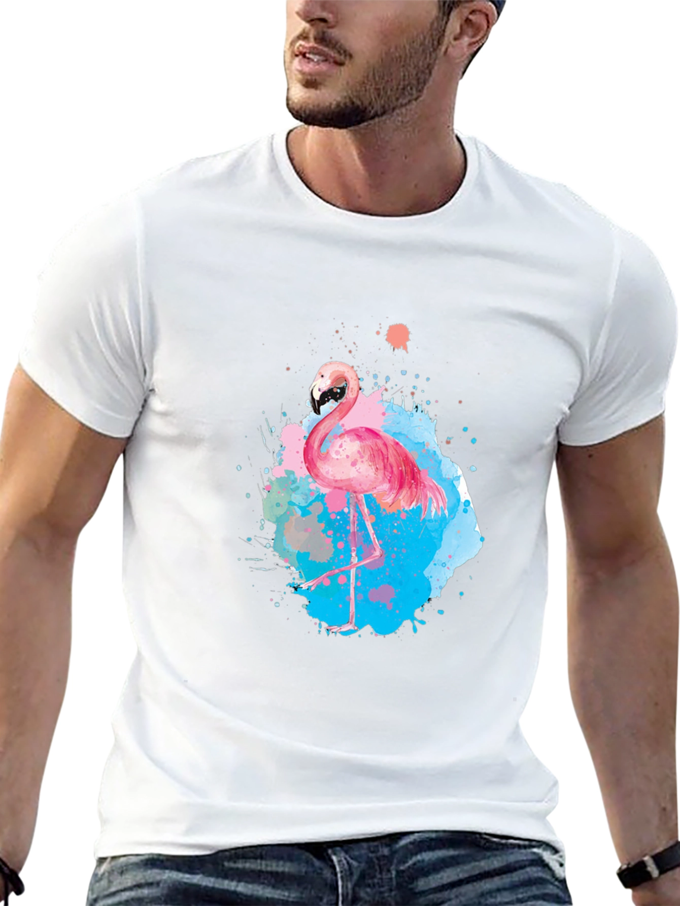Flamingo Splash Graphic Tee - Black Cotton T-Shirt