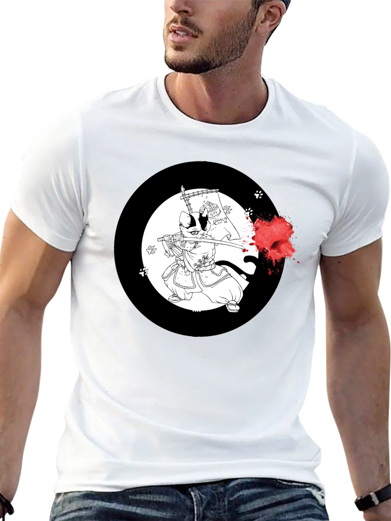Samurai Cat T-Shirt - Black Cotton Graphic Tee