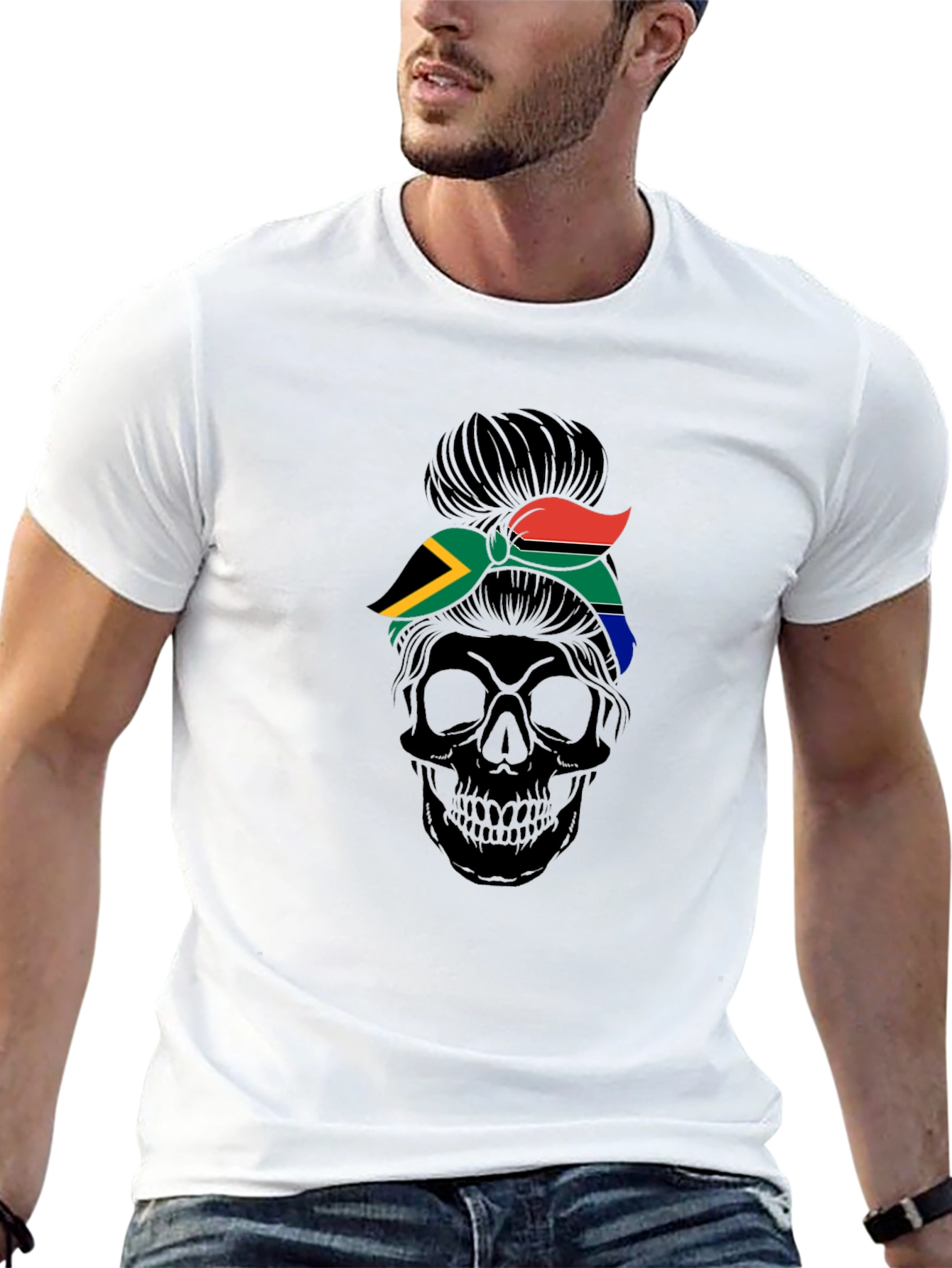 South Africa Flag Skull Messy Bun T-Shirt