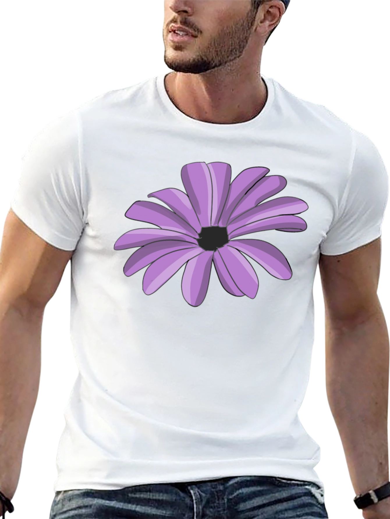 Black T-Shirt with Purple Flower Graphic