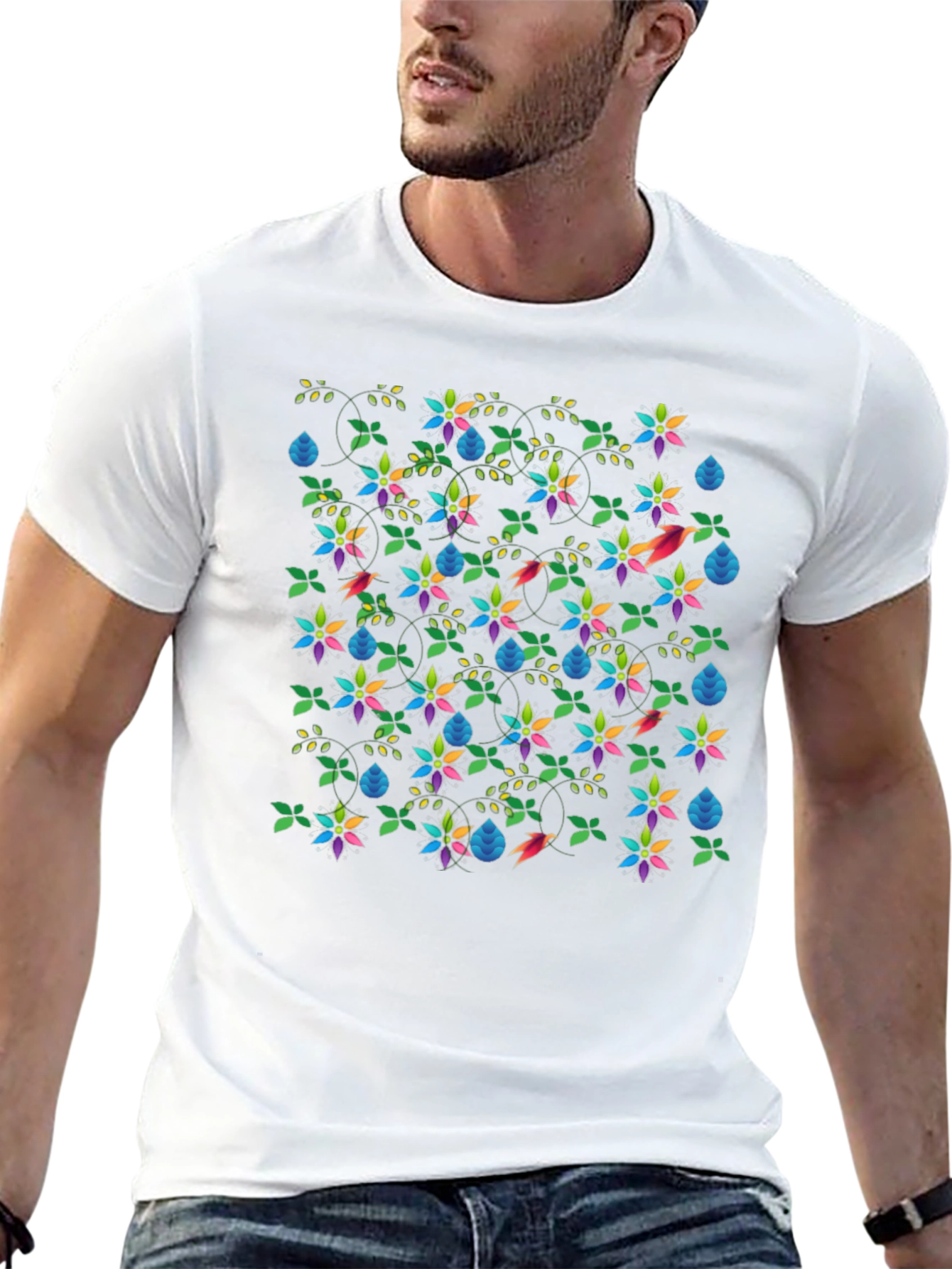 Floral & Fauna Print Black T-Shirt