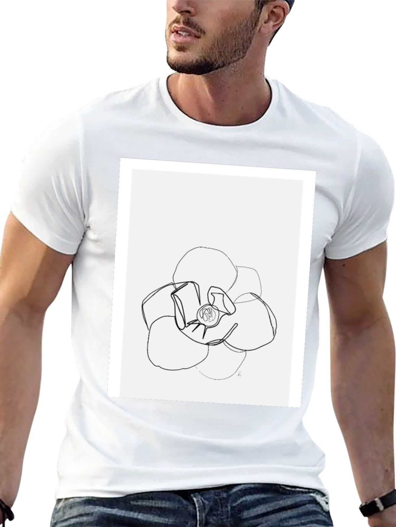 Minimalist Flower Line Art Black T-Shirt
