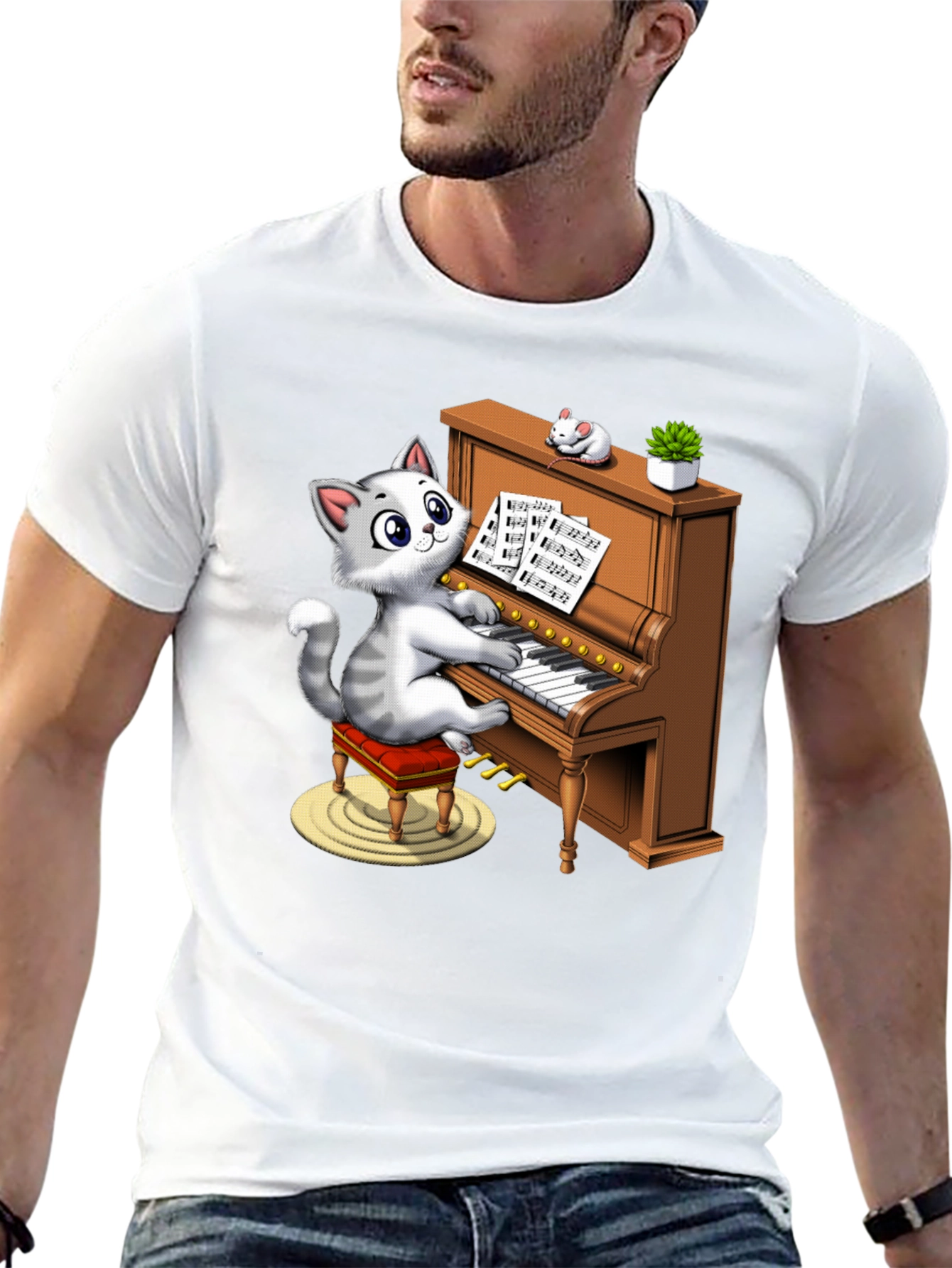 Cat Playing Piano Graphic Tee - Funny & Stylish
