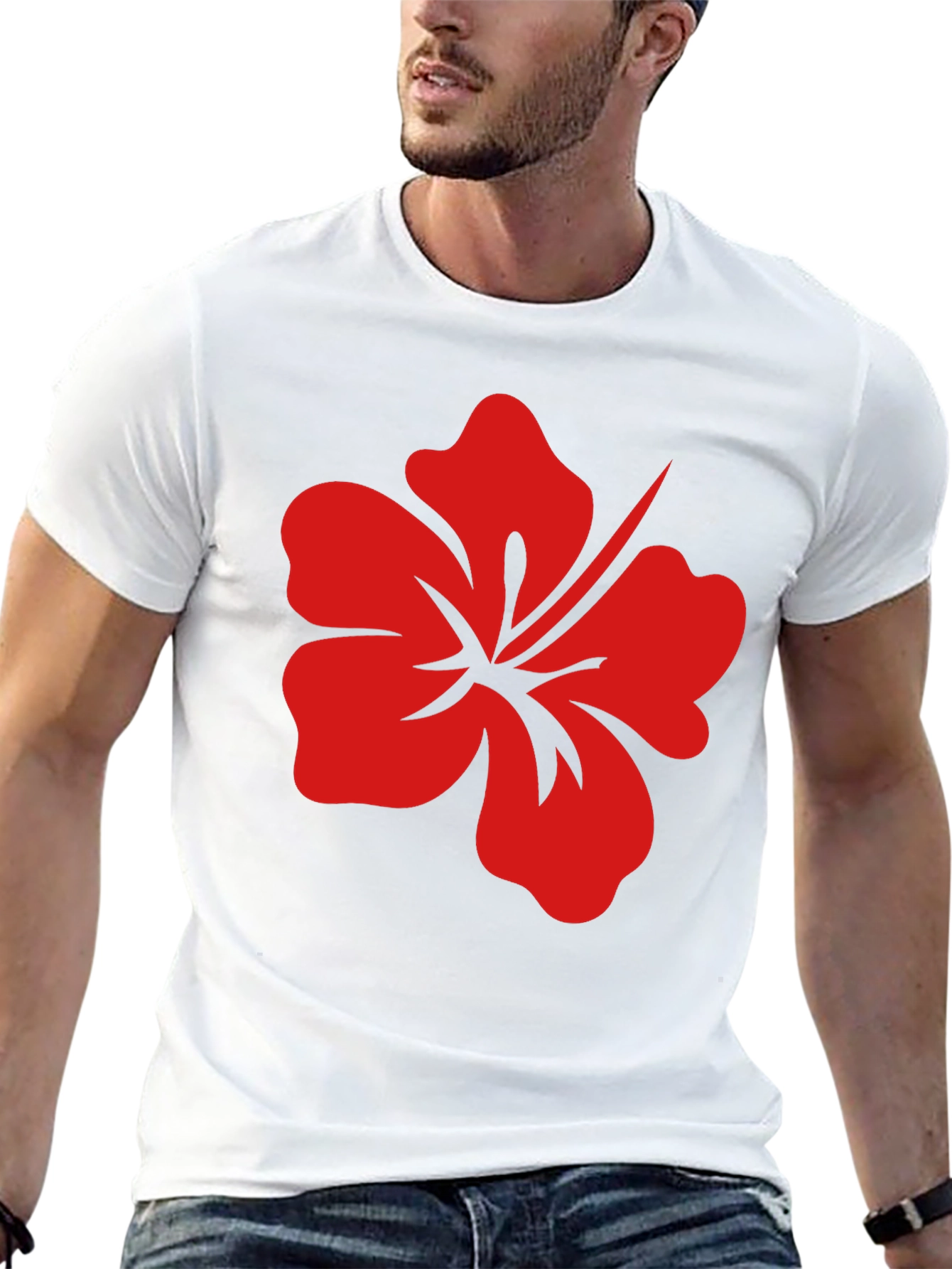 Black T-Shirt with Red Hibiscus Flower