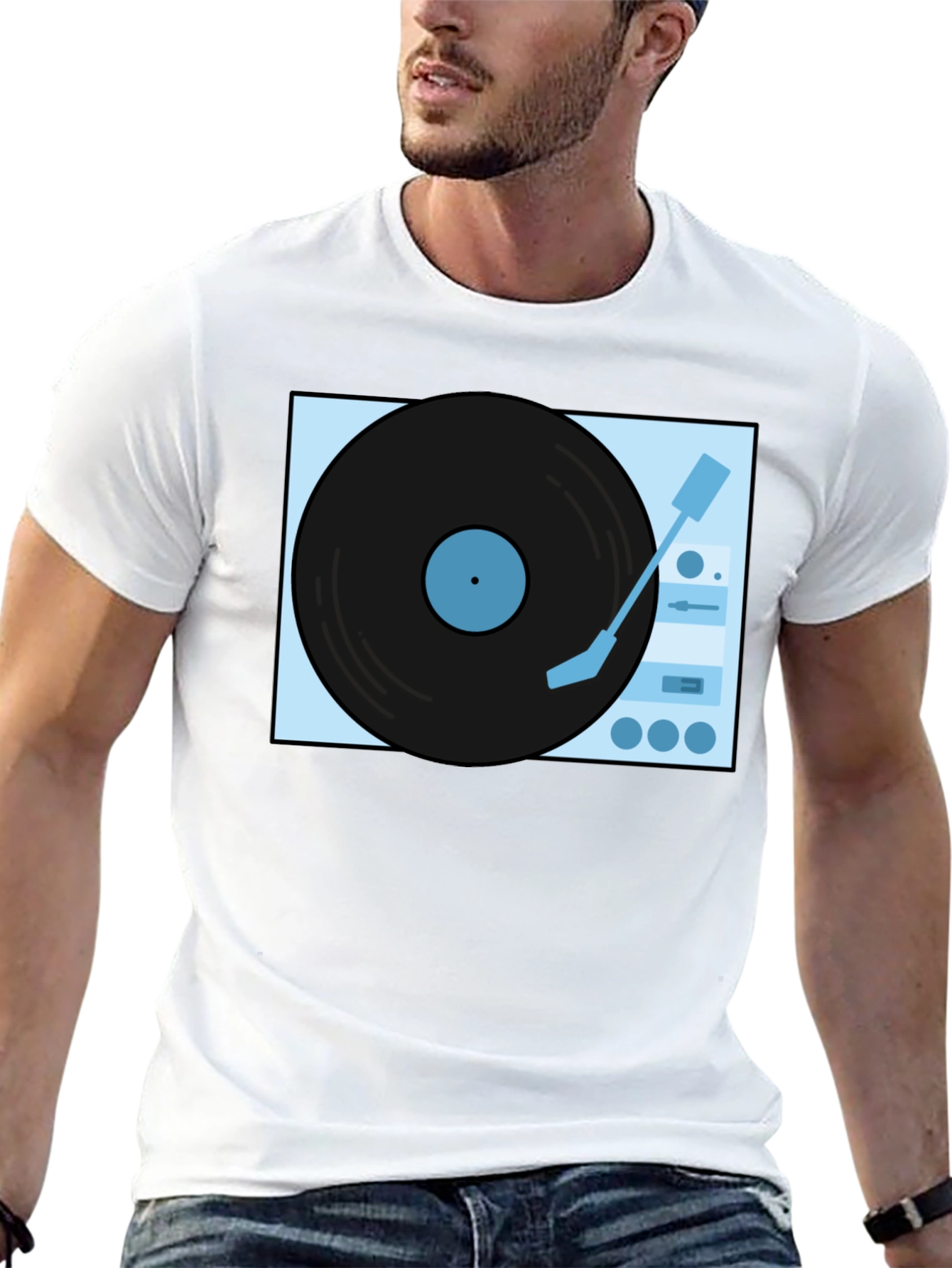 Retro Turntable Graphic Tee - Black Cotton Casual Shirt