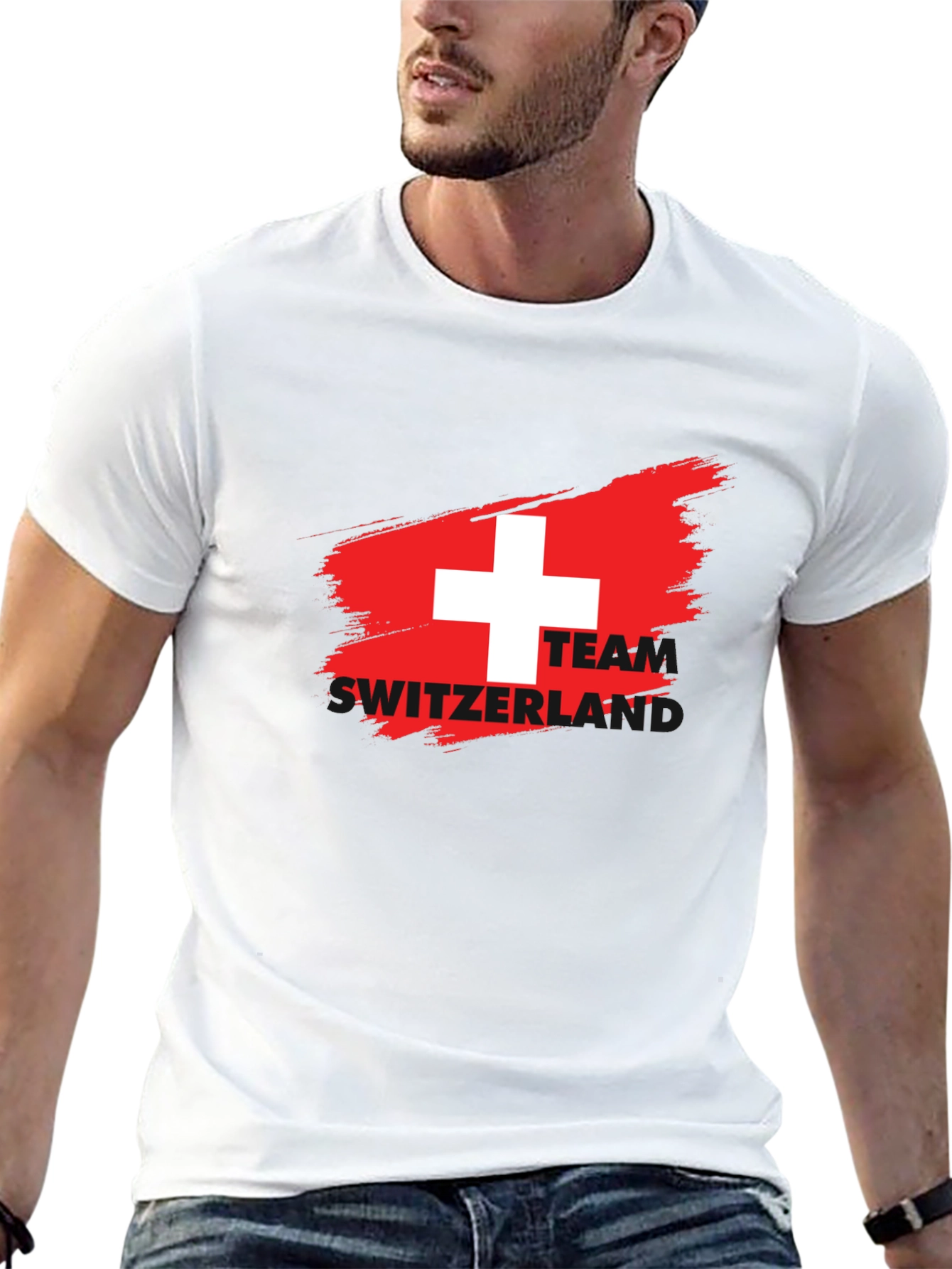 Swiss Flag Team T-Shirt - Black Crew Neck Tee
