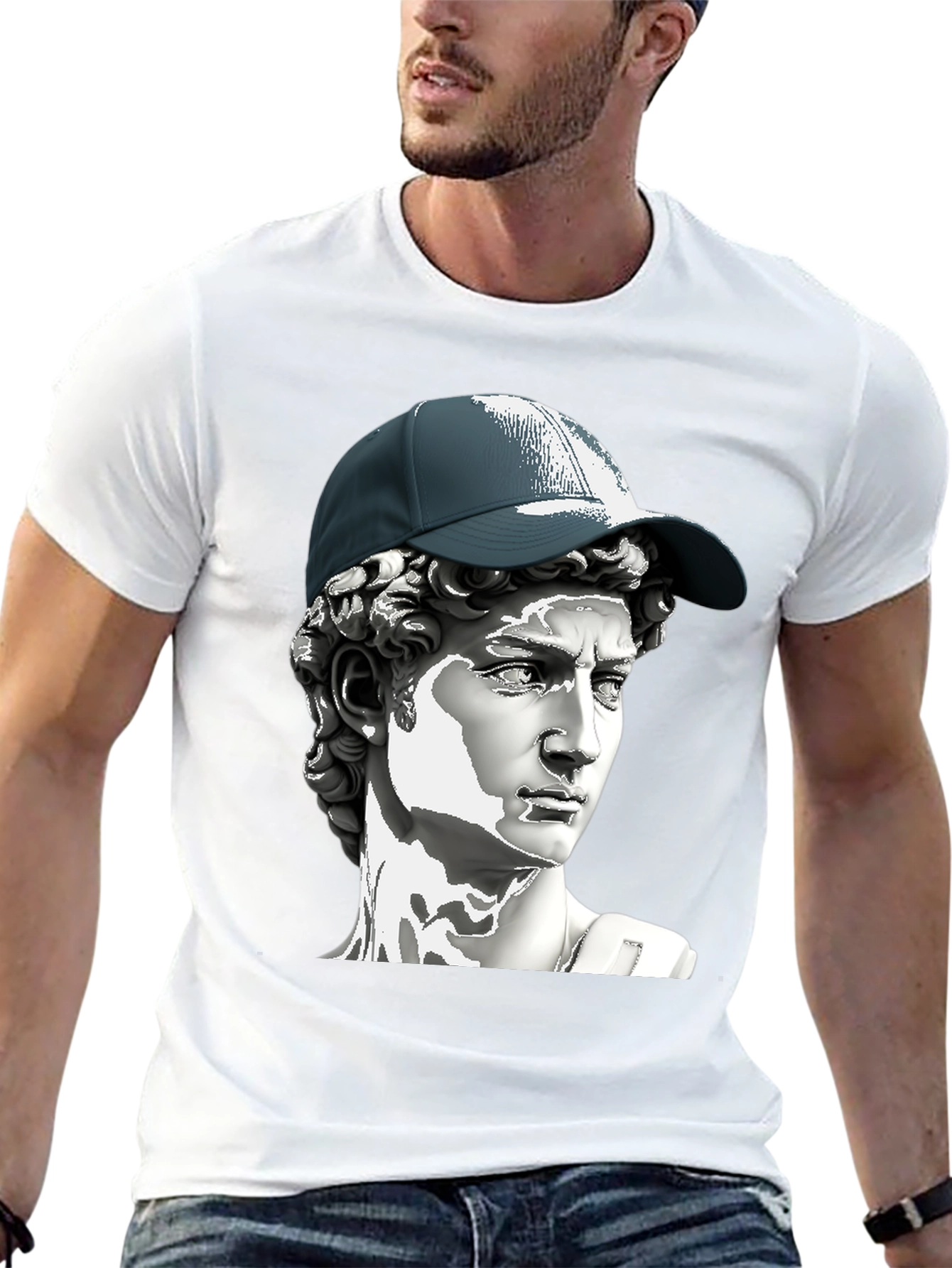 David Statue with Baseball Cap Graphic T-Shirt