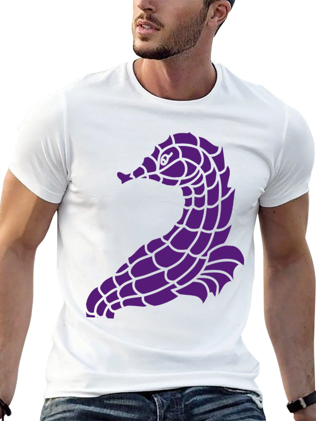 Unique Purple Seahorse Graphic Black T-Shirt