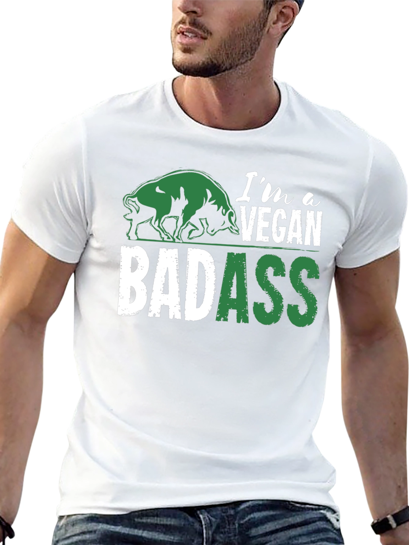 Vegan Badass Graphic T-Shirt - Green and White Design
