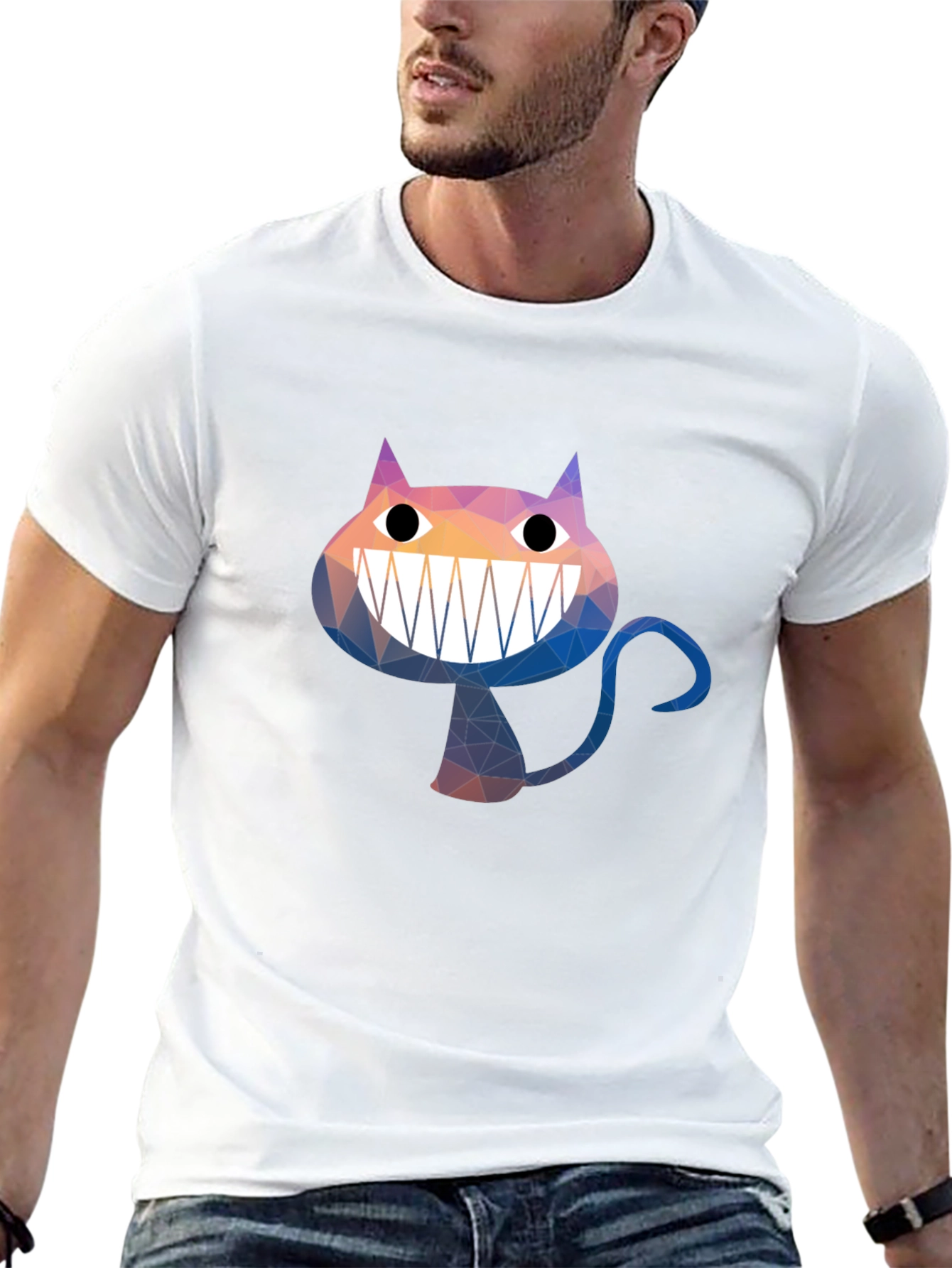 Geometric Cheshire Cat Graphic Tee - Black Cotton Blend