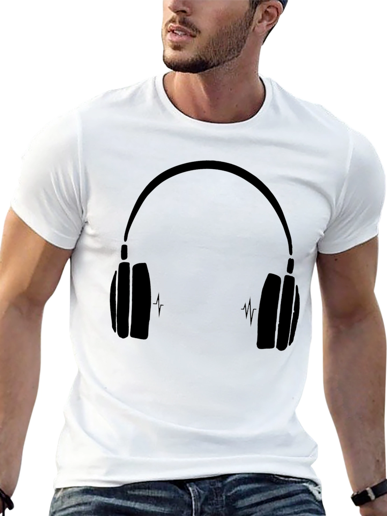 Black T-Shirt with Headphones Graphic