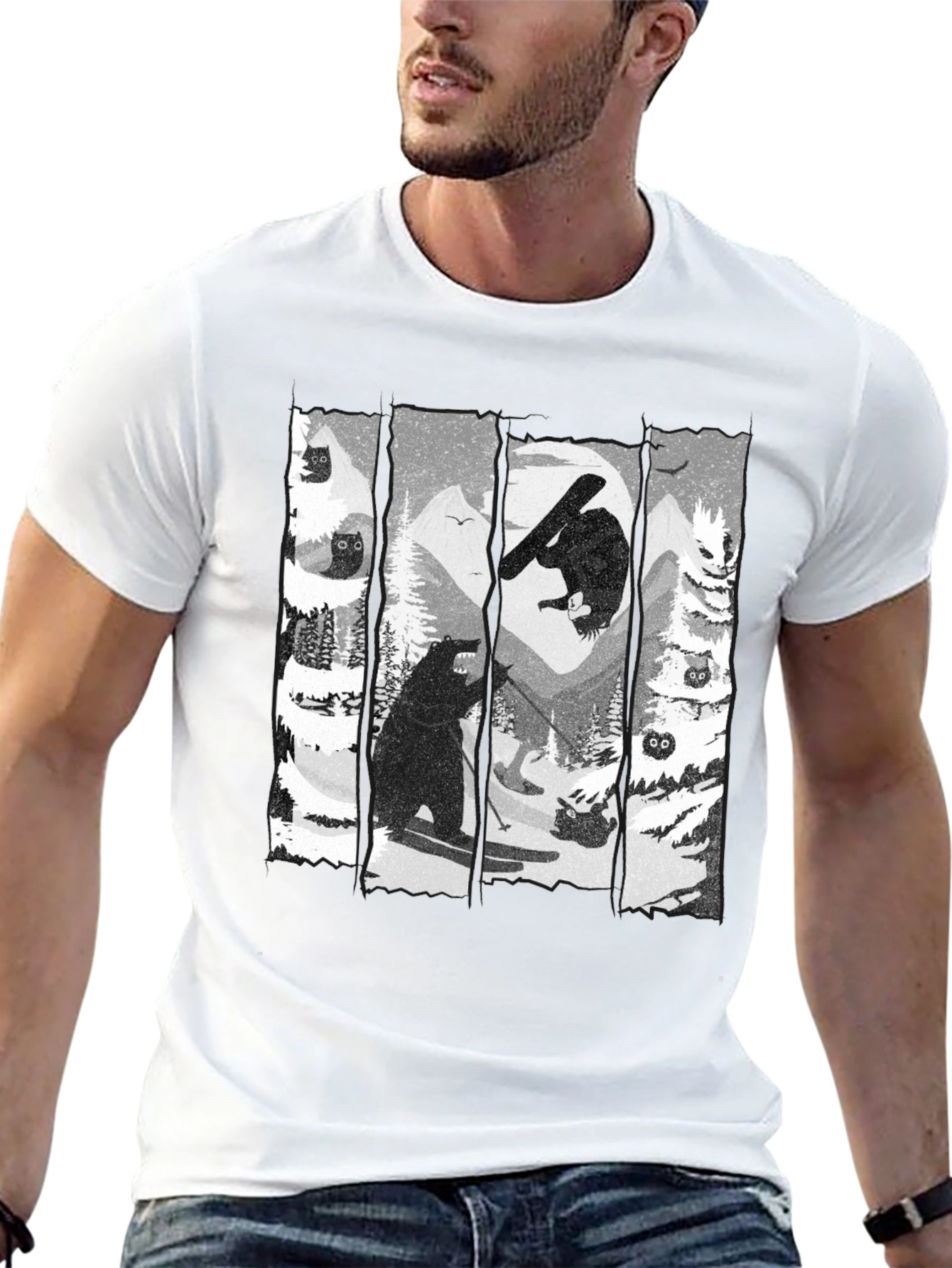 Bear Skiing Black Graphic Tee