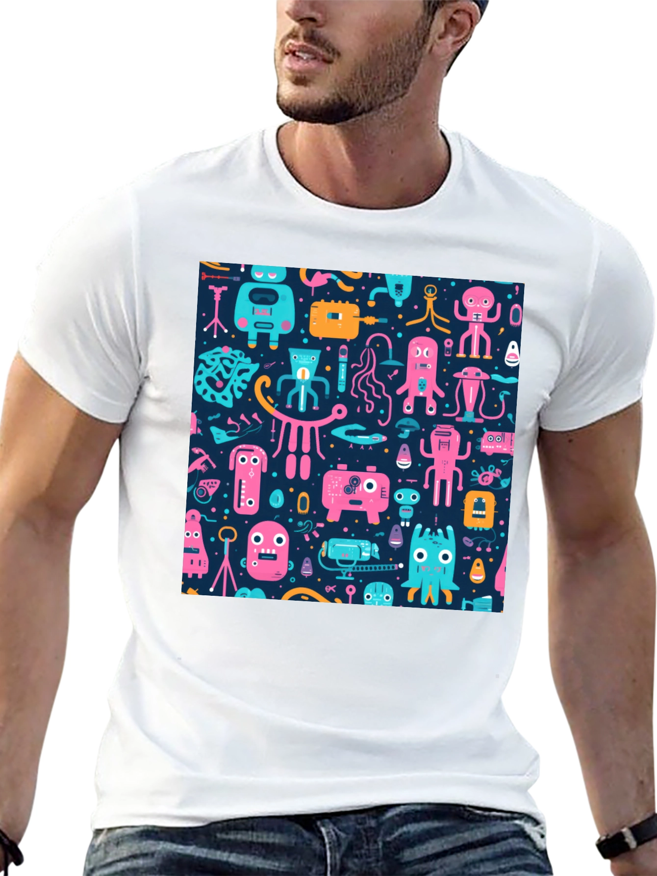 Funky Retro Robot Pattern T-Shirt