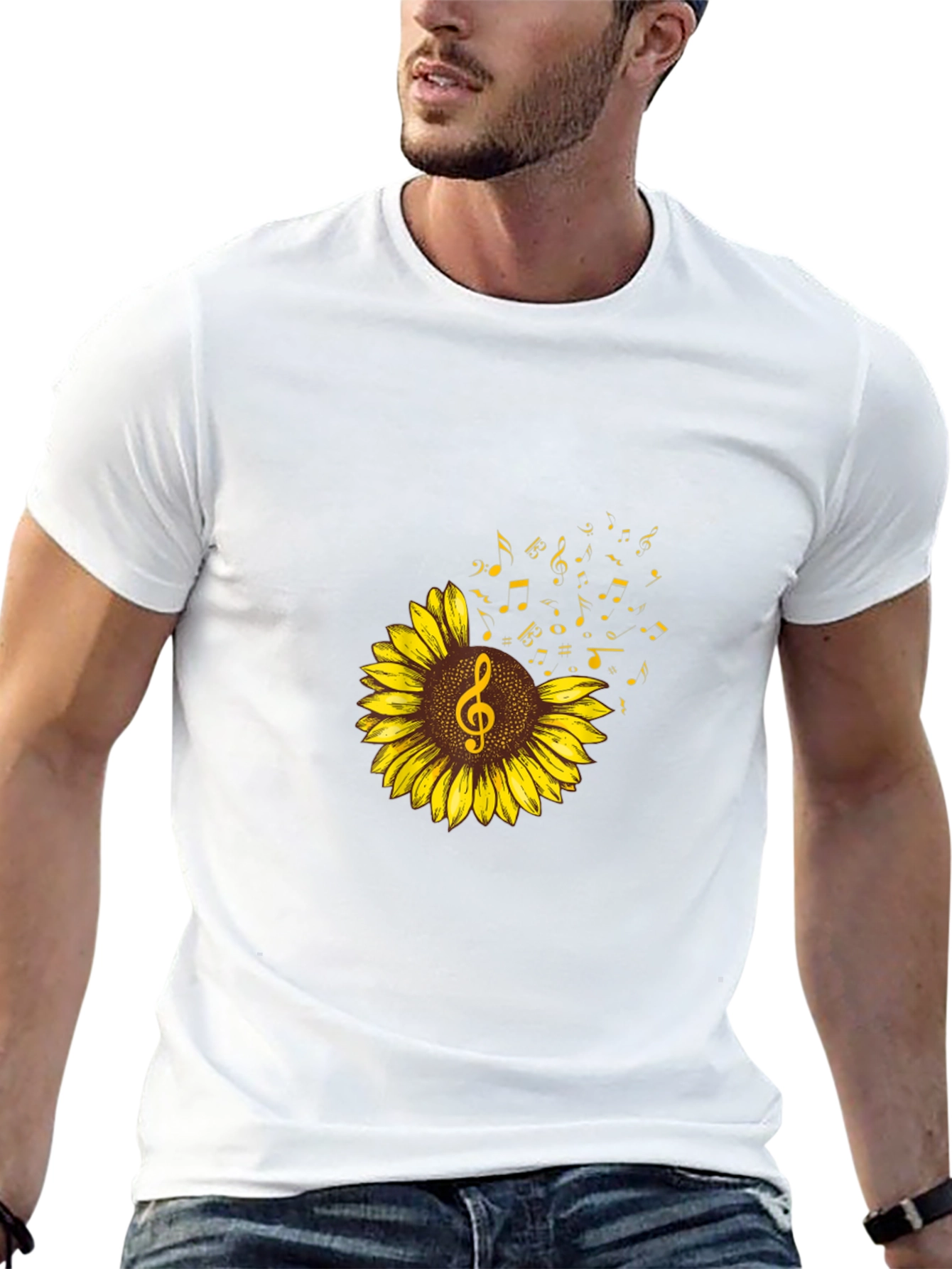 Sunflower Music Note Graphic Tee - Black Cotton Shirt