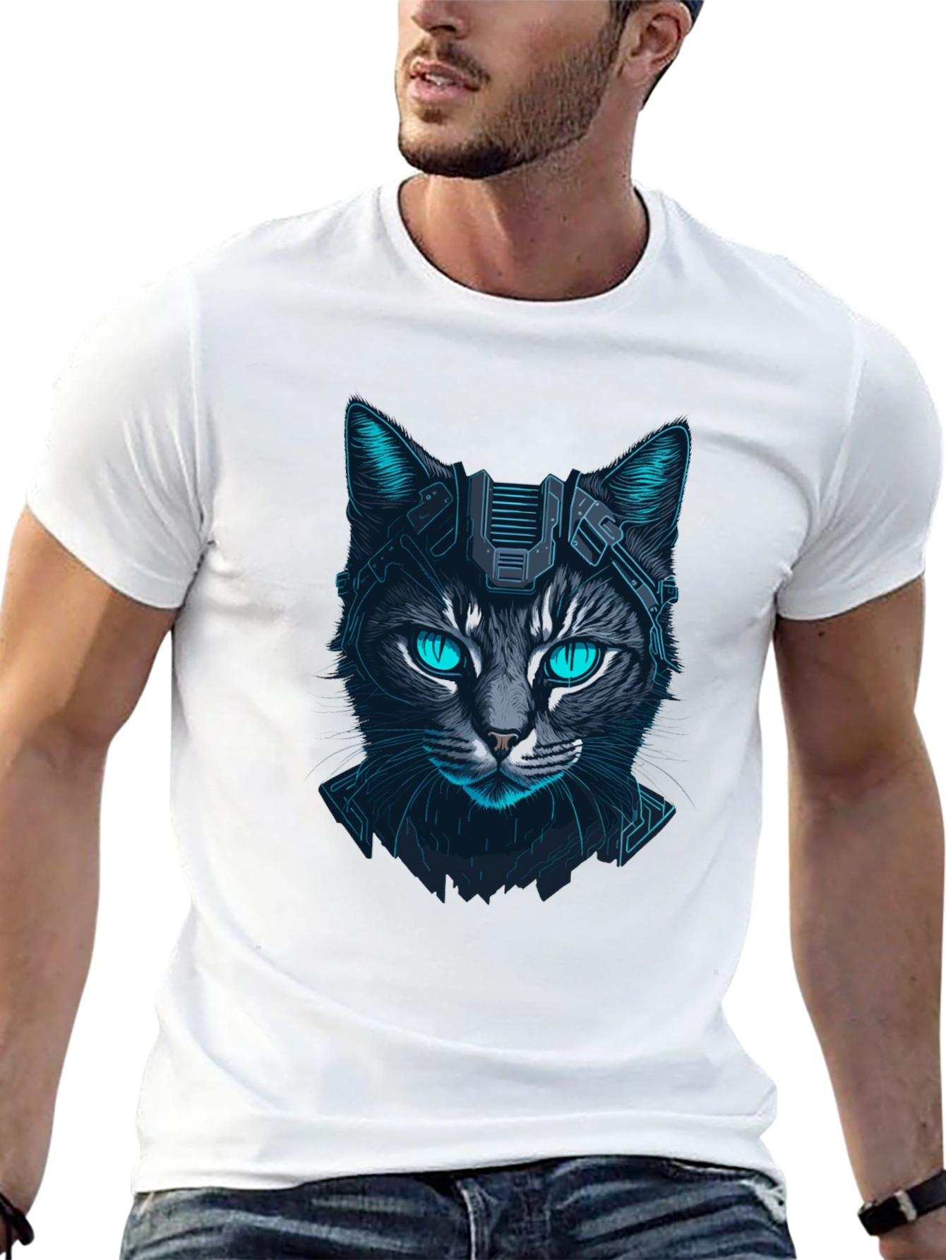 Cyberpunk Cat Graphic Tee - Futuristic Feline Design