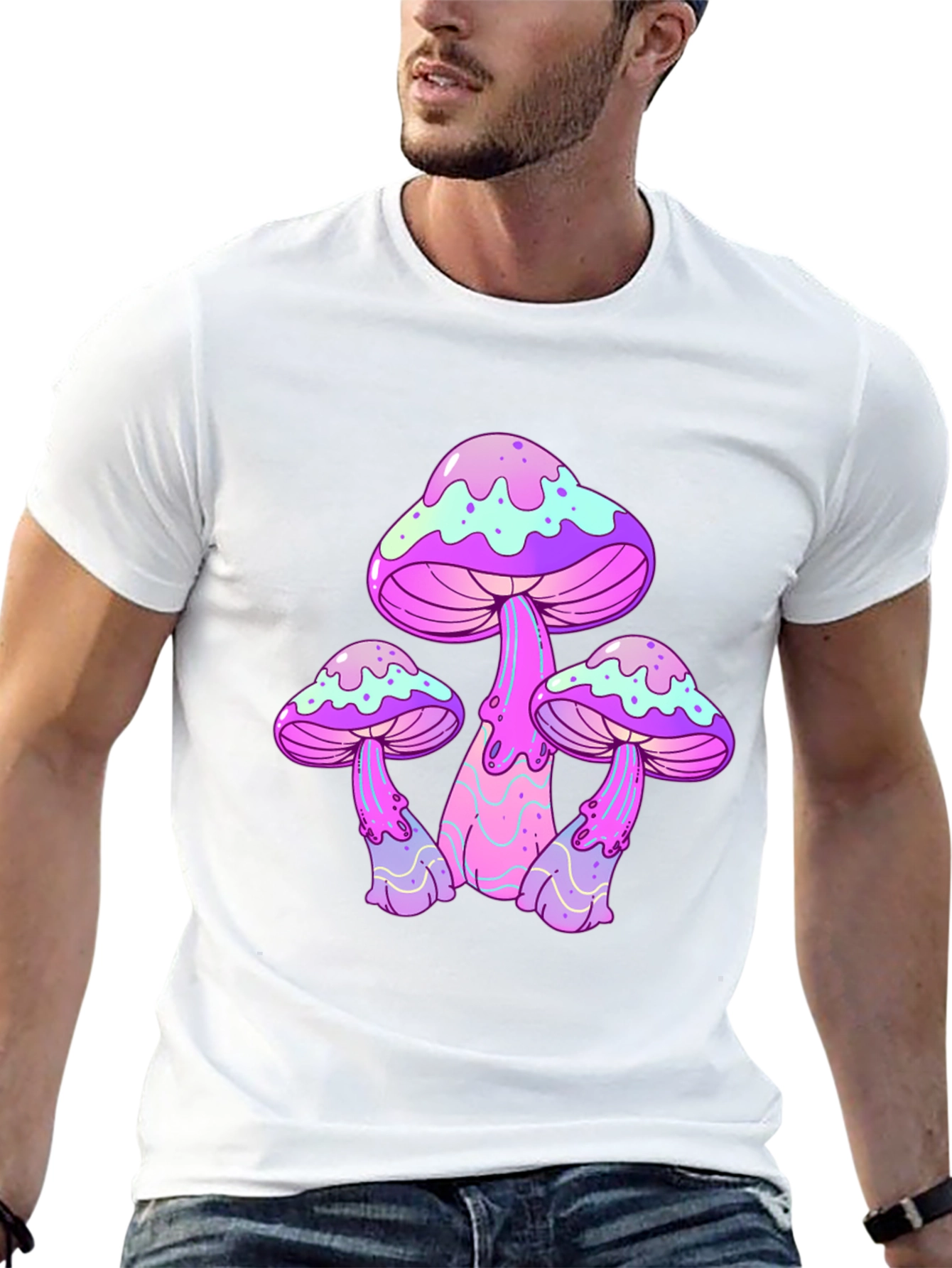Funky Mushroom Graphic Tee - Black Cotton T-Shirt