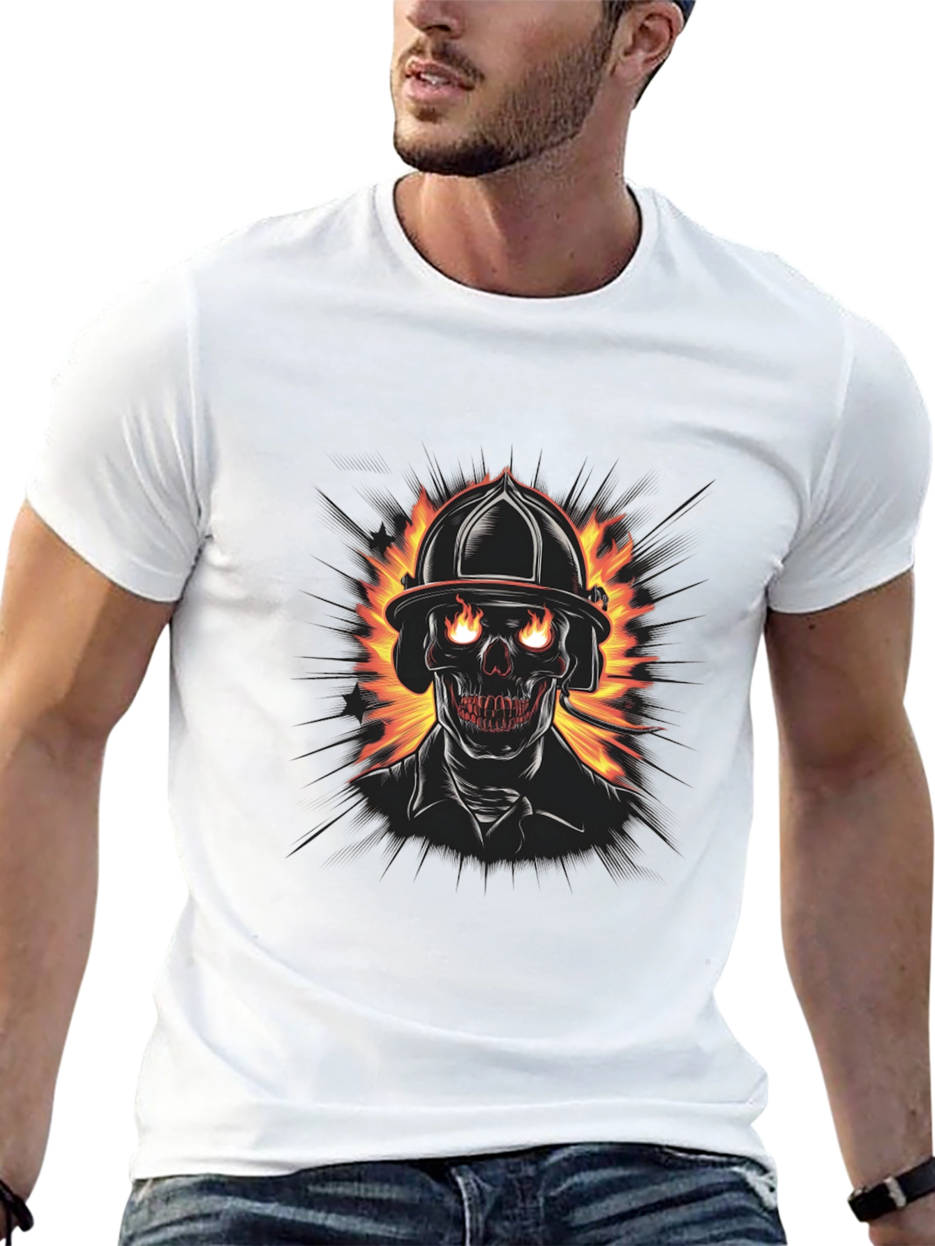 Fiery Firefighter Skull Graphic Tee - Black Cotton T-Shirt