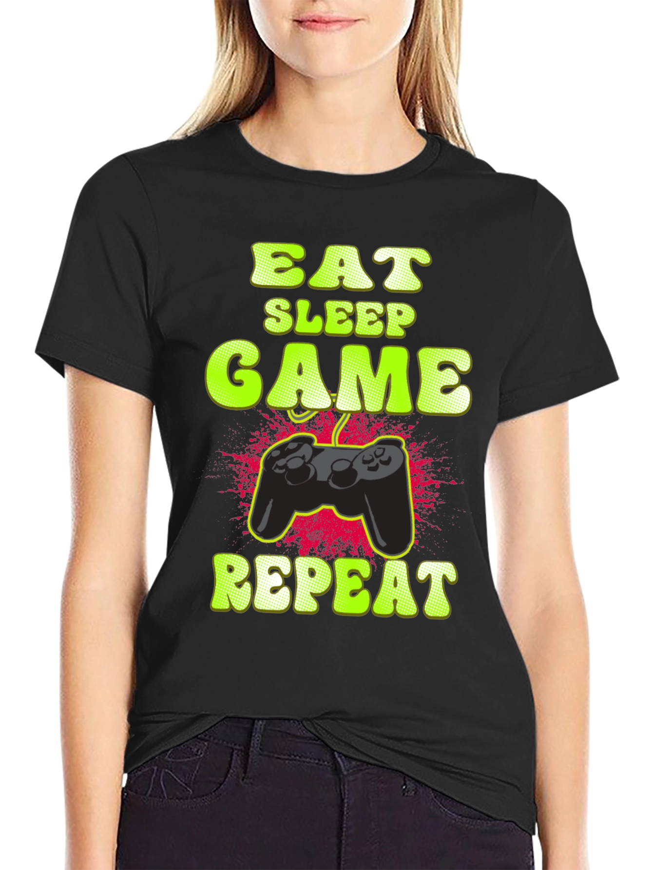 Eat Sleep Game Repeat Black Graphic T-Shirt