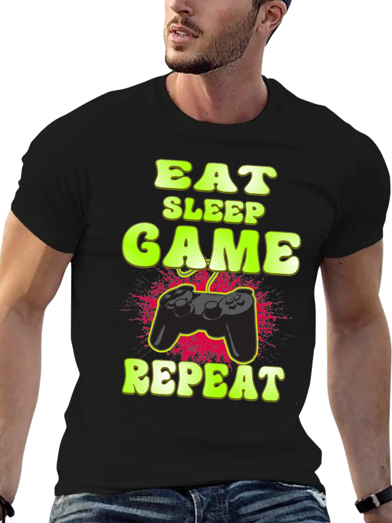 Eat Sleep Game Repeat Black Graphic T-Shirt
