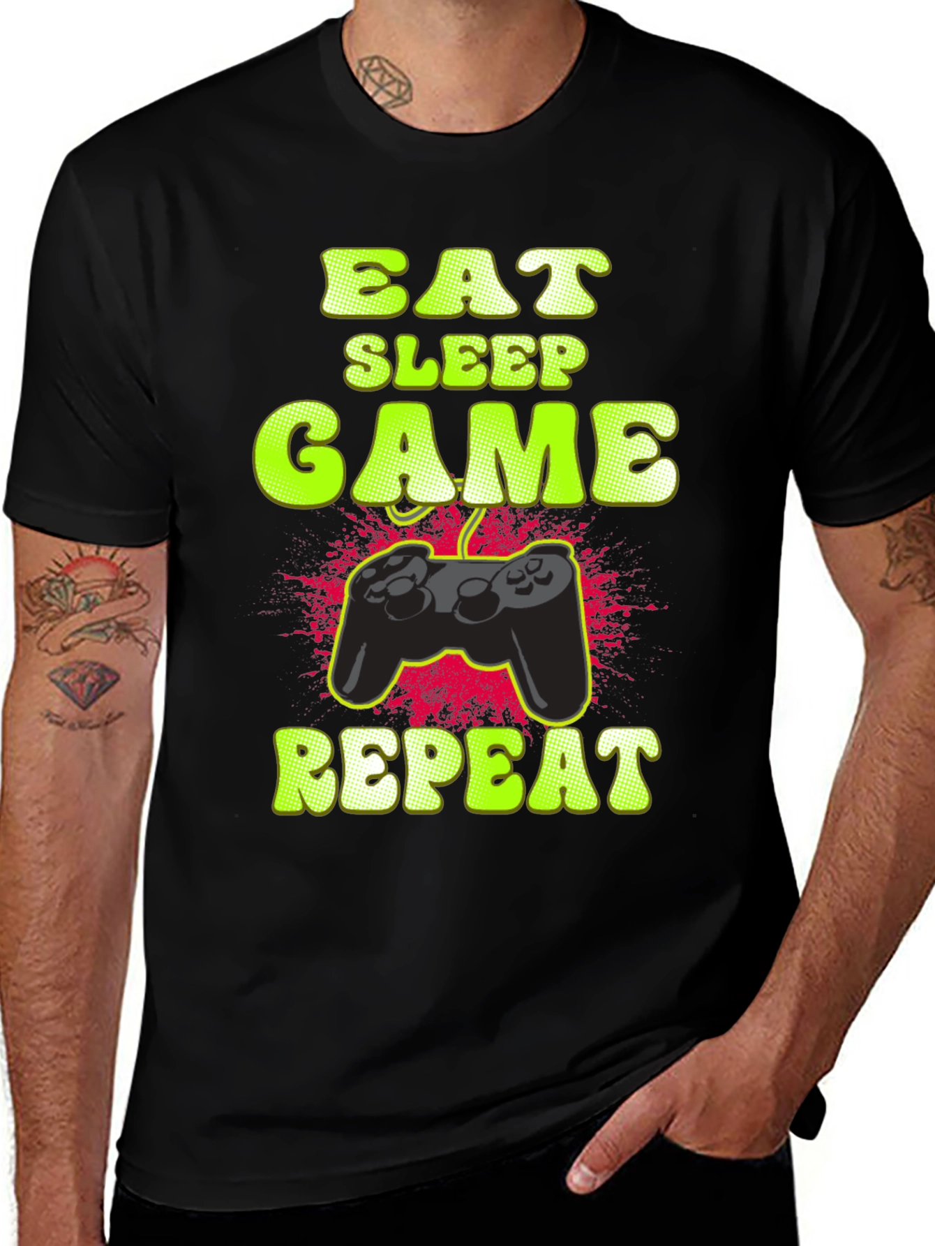 Eat Sleep Game Repeat Black Graphic T-Shirt